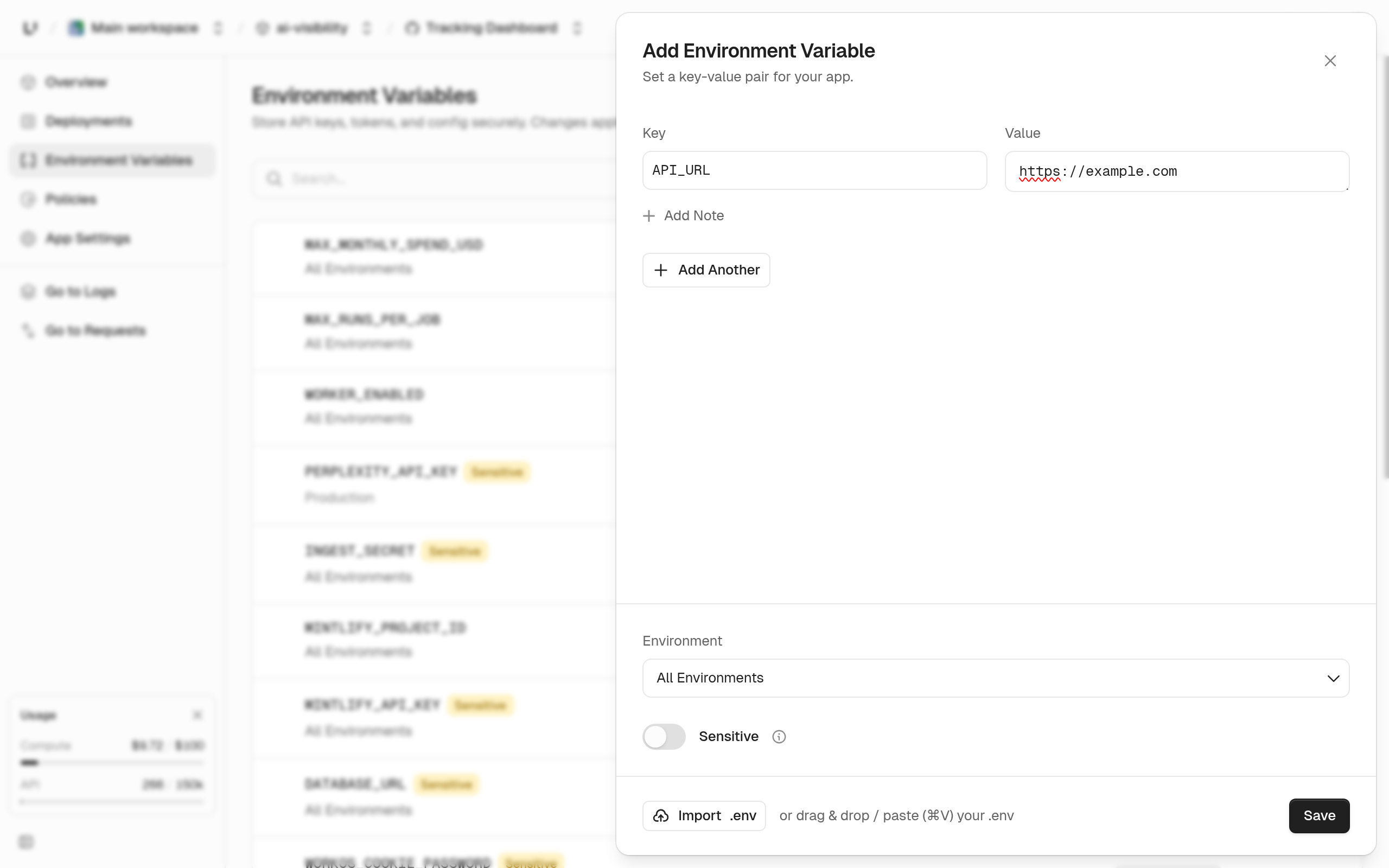 Add Environment Variable panel with a key and value, the environment picker set to All Environments, the Sensitive toggle, and the .env import option