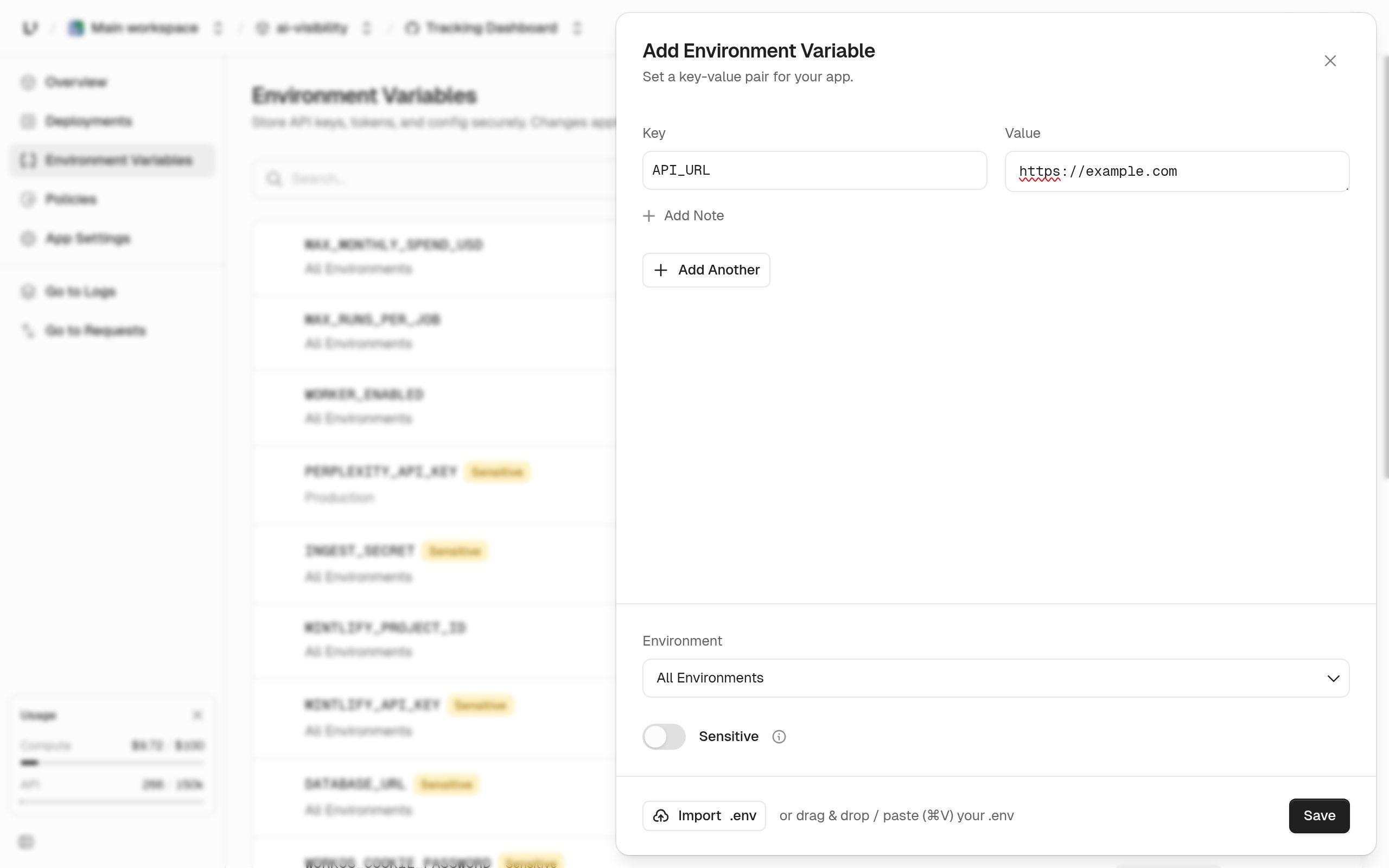 Add Environment Variable panel with a key and value, the environment picker set to All Environments, the Sensitive toggle, and the .env import option