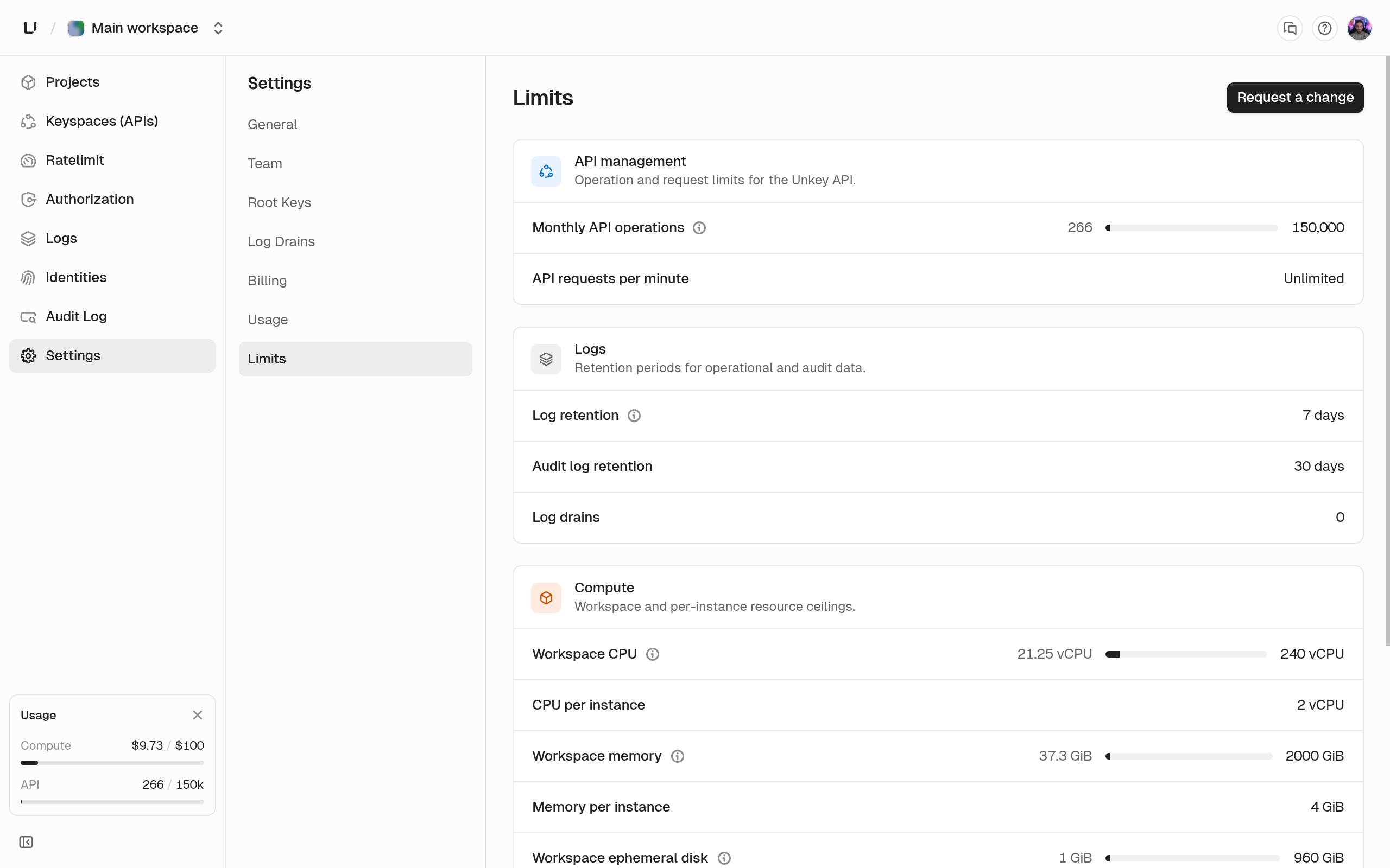 Limits settings page showing API management, logs, and Compute limits with current usage bars