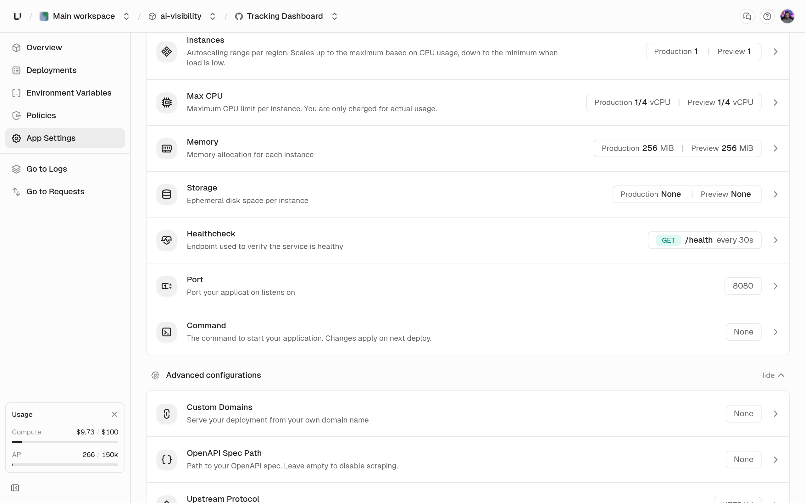 App Settings runtime section showing instances, max CPU, memory, storage, healthcheck, port, and command for production and preview