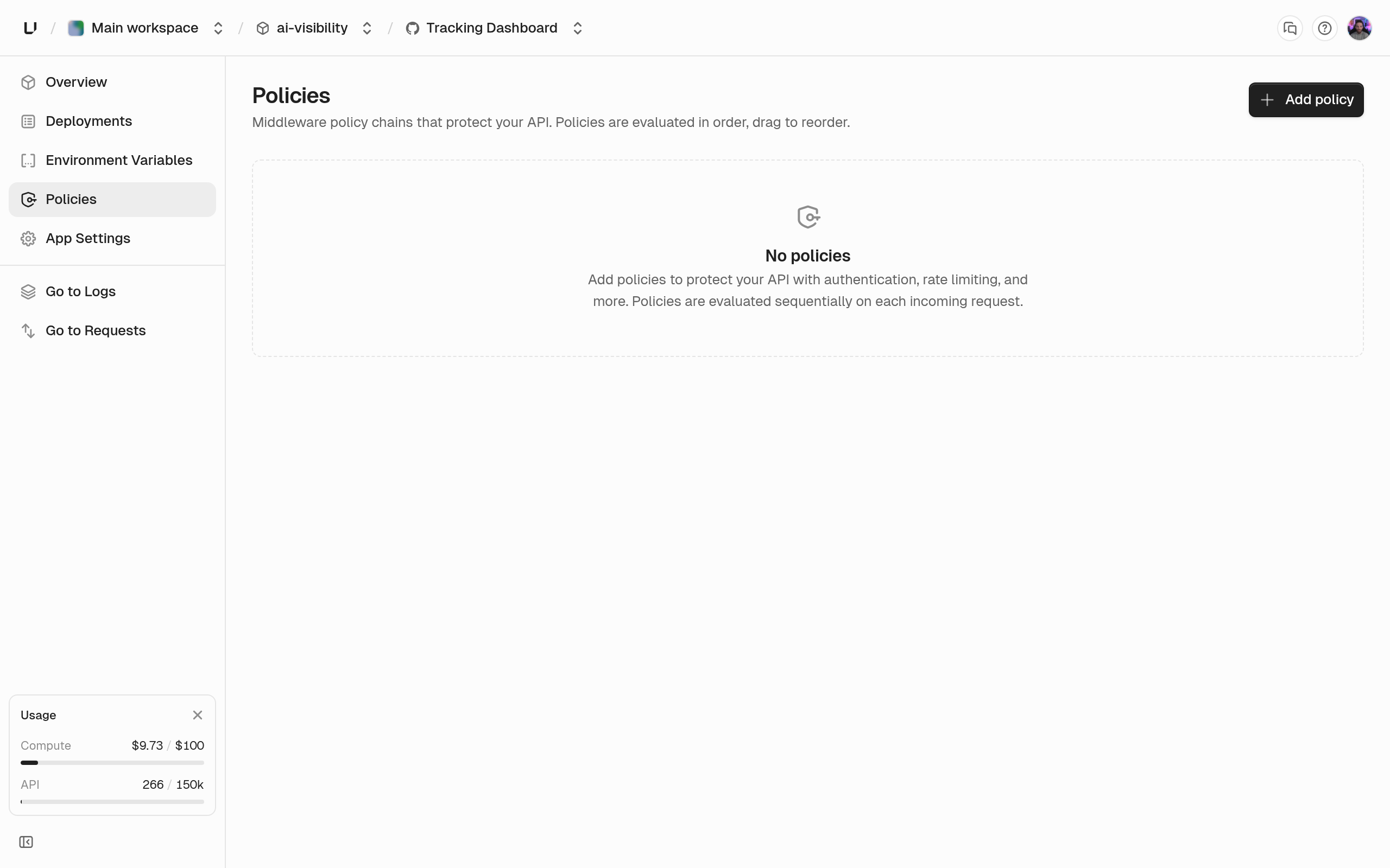 Policies page with no policies yet and the Add policy button