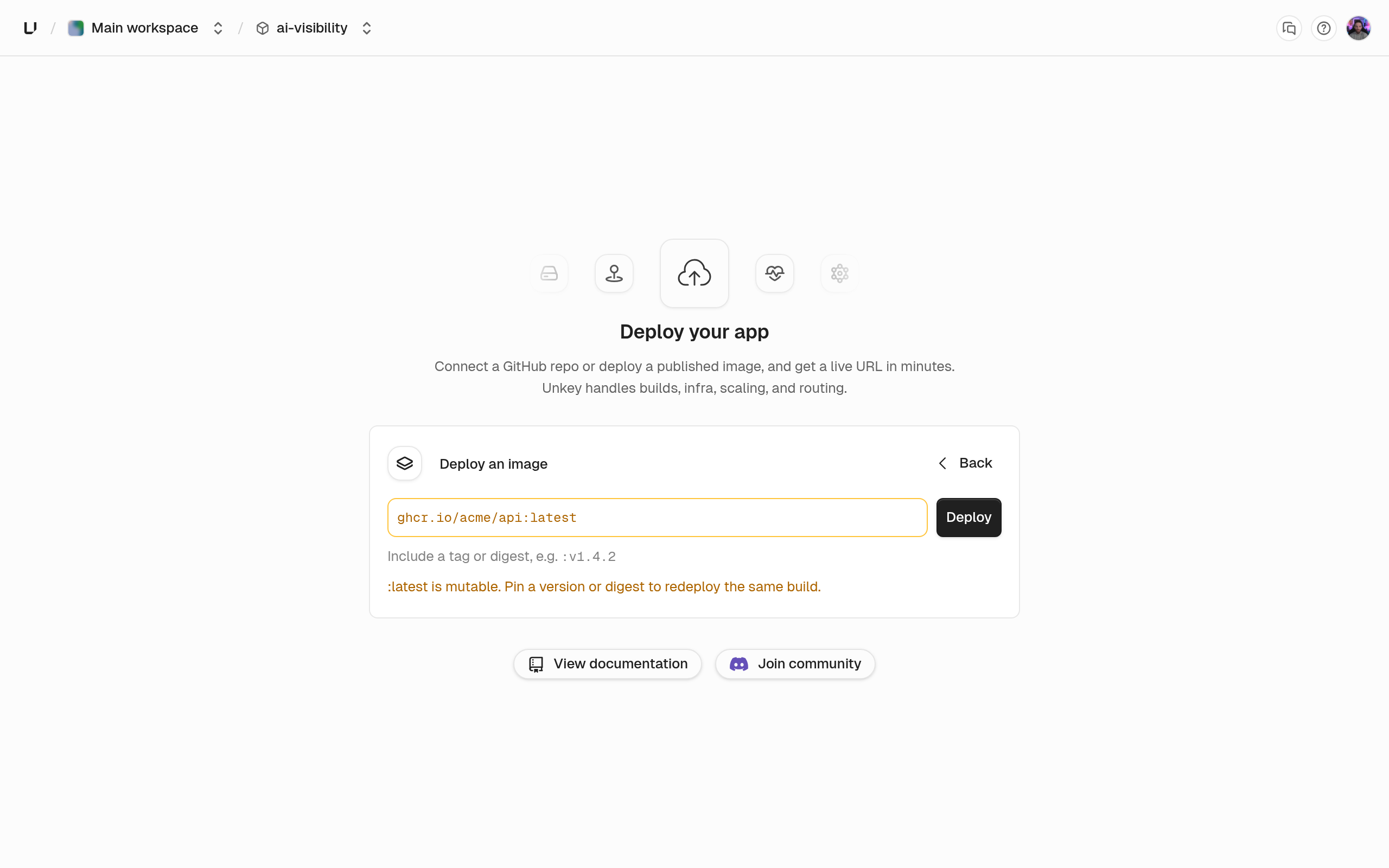 Deploy an image step with an image reference entered and the Deploy button