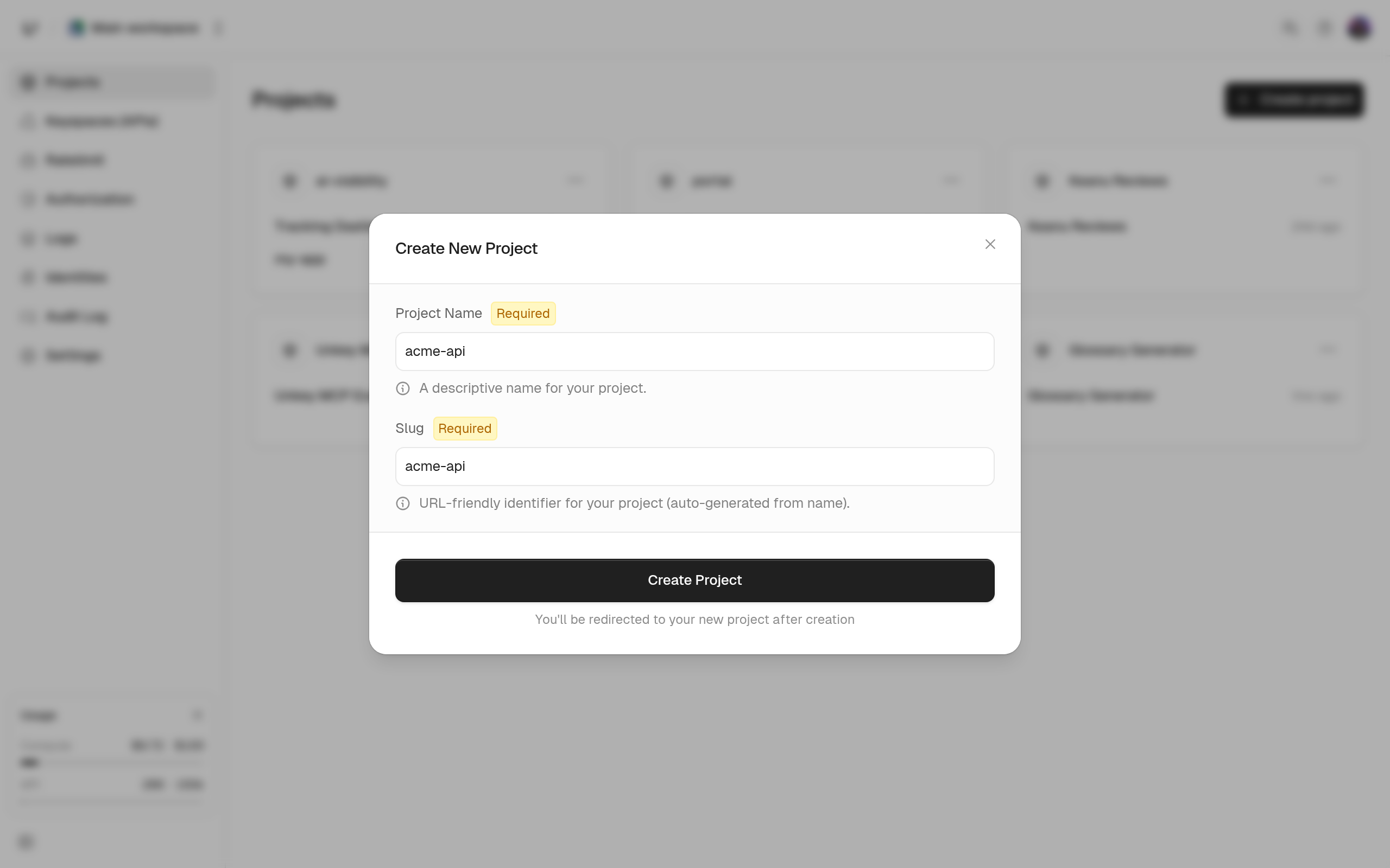 Create New Project dialog with a project name and the slug generated from it