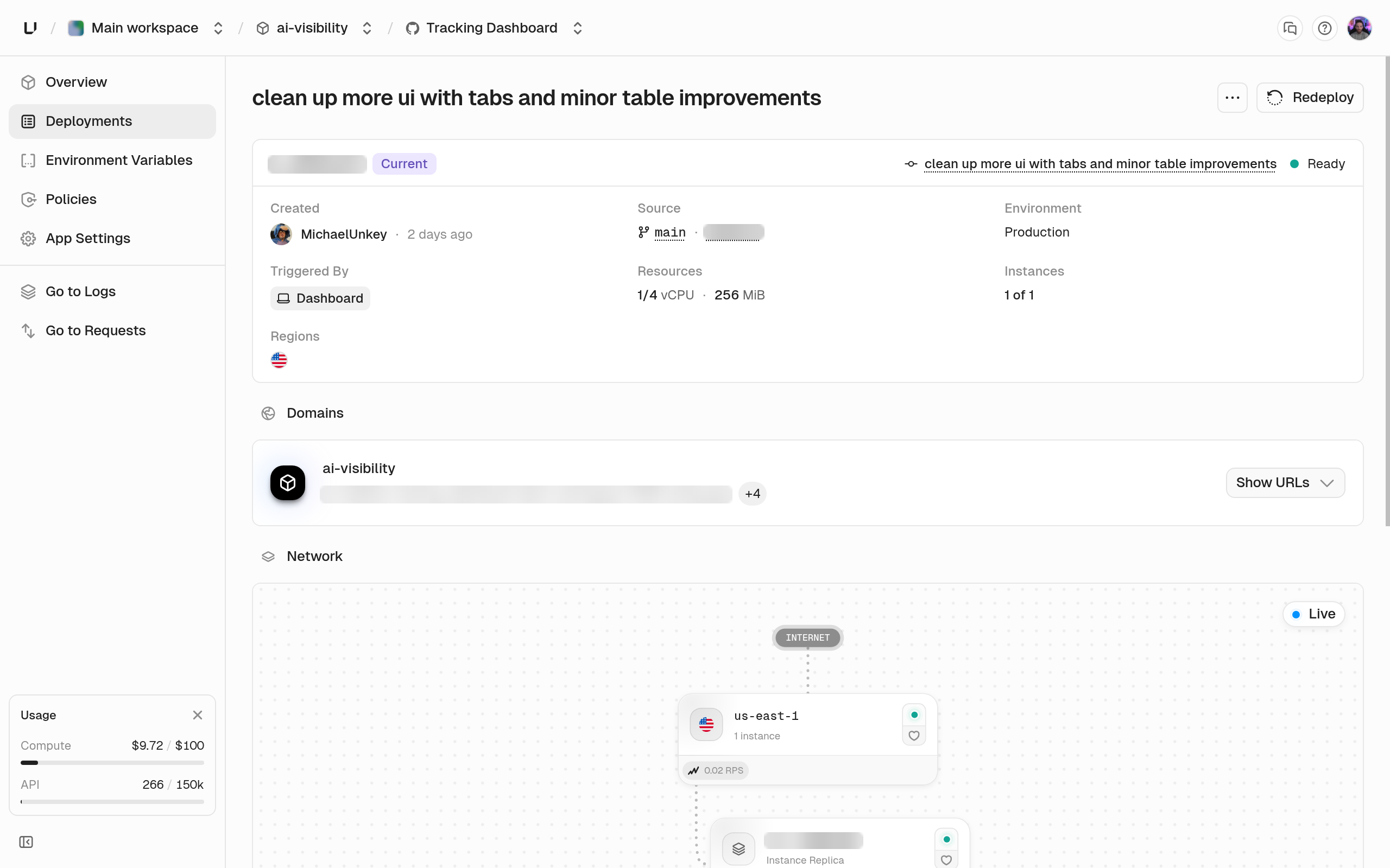 Deployment page for a ready production deployment showing its commit, resources, instances, domains, and network