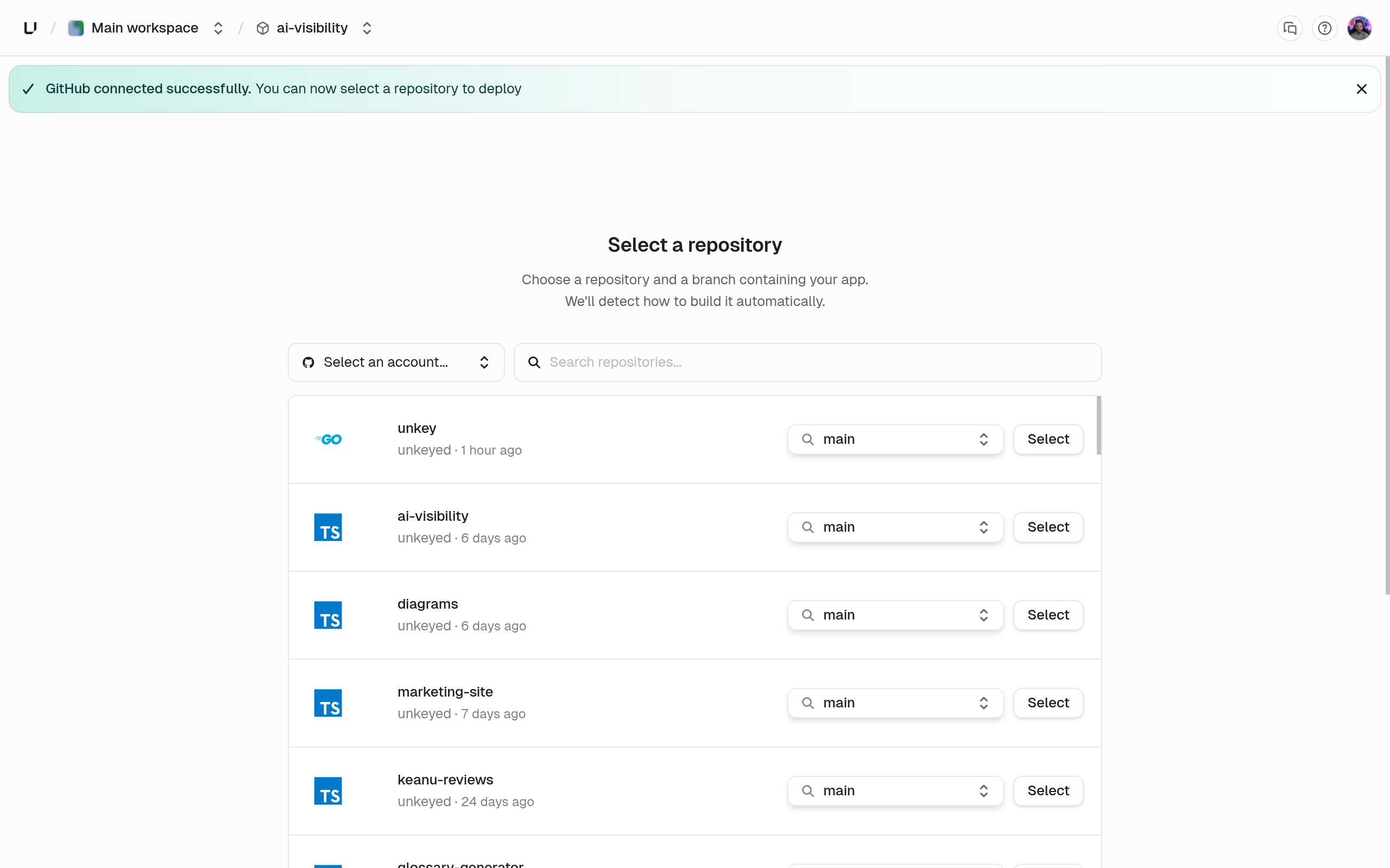 Select a repository screen listing GitHub repositories, each with a branch picker and a Select button