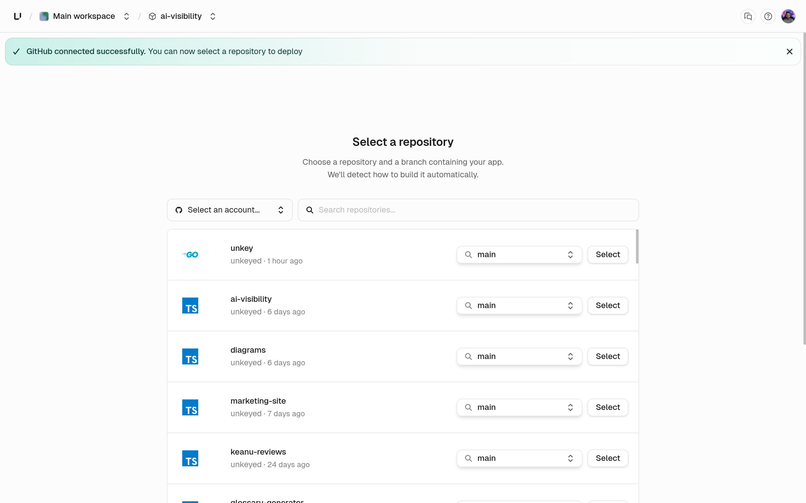 Select a repository screen listing GitHub repositories, each with a branch picker and a Select button