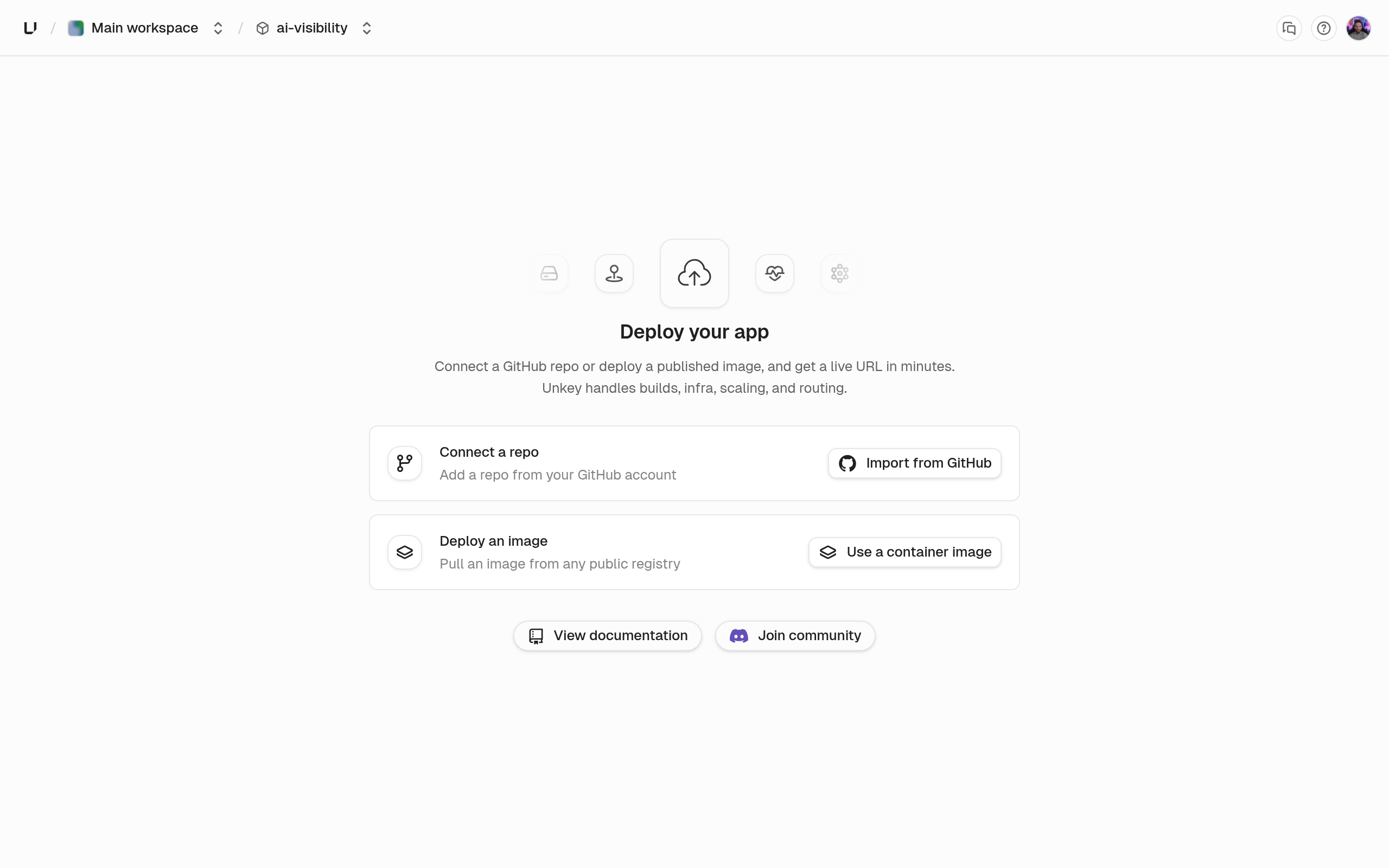 Deploy your app screen offering Import from GitHub or Use a container image