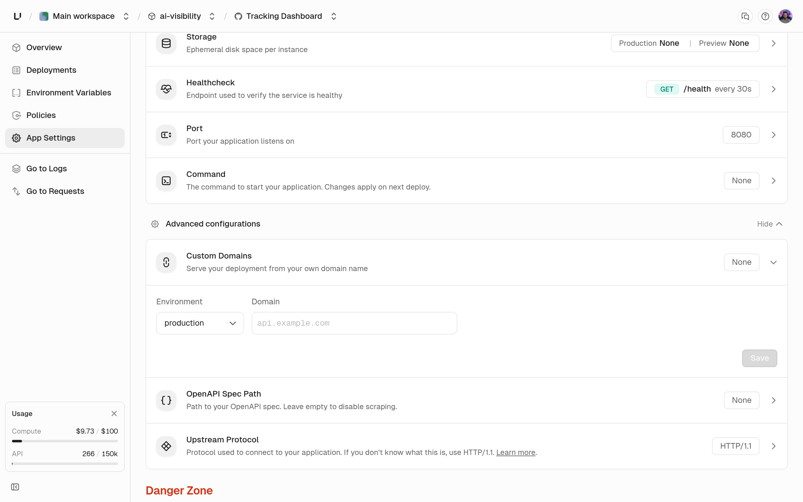 App Settings with the Custom Domains row expanded, showing an environment picker and a domain field