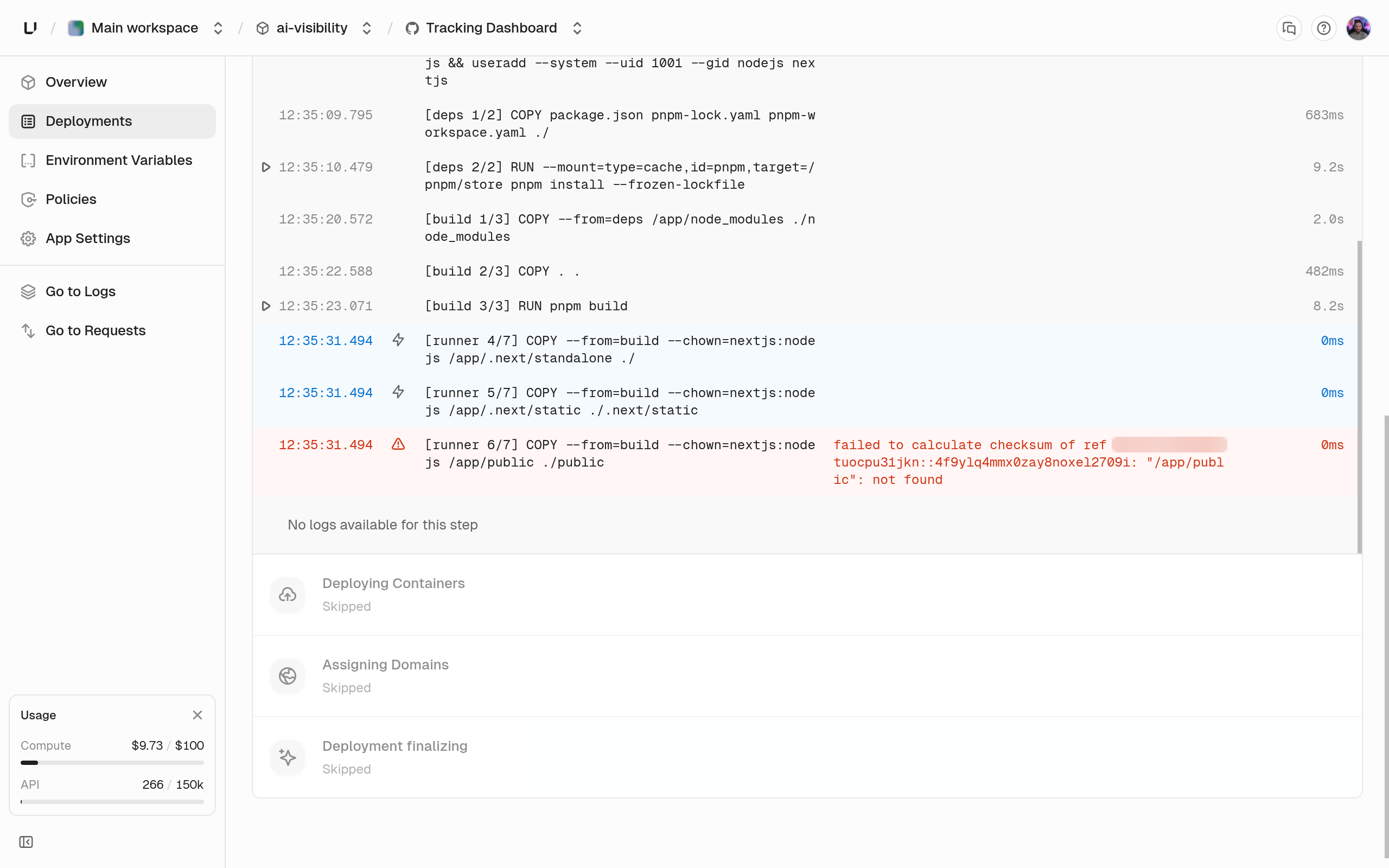 Build logs of a failed deployment with the failing step's output in red and the later steps skipped