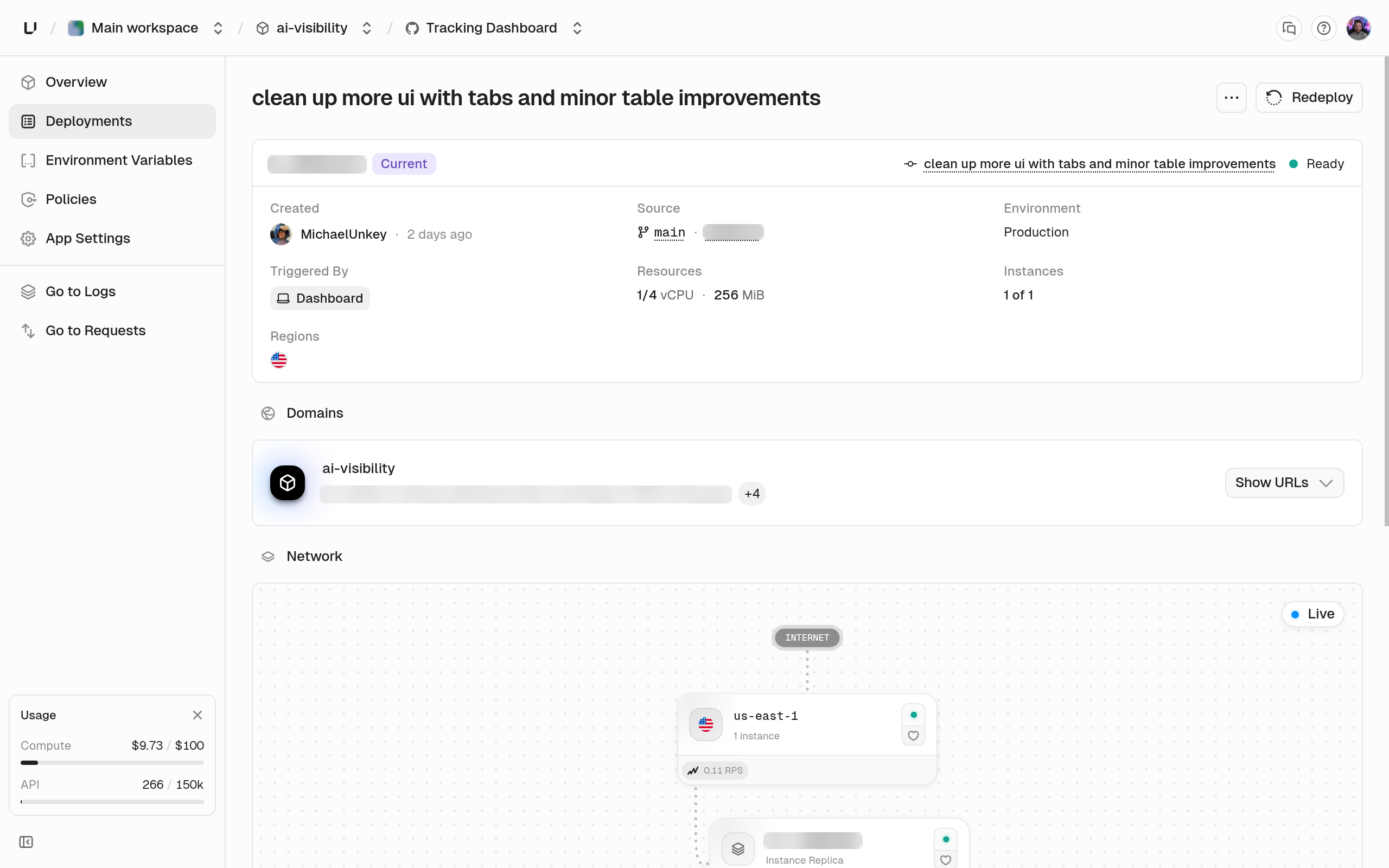 Deployment page Network view showing a region and its running instance
