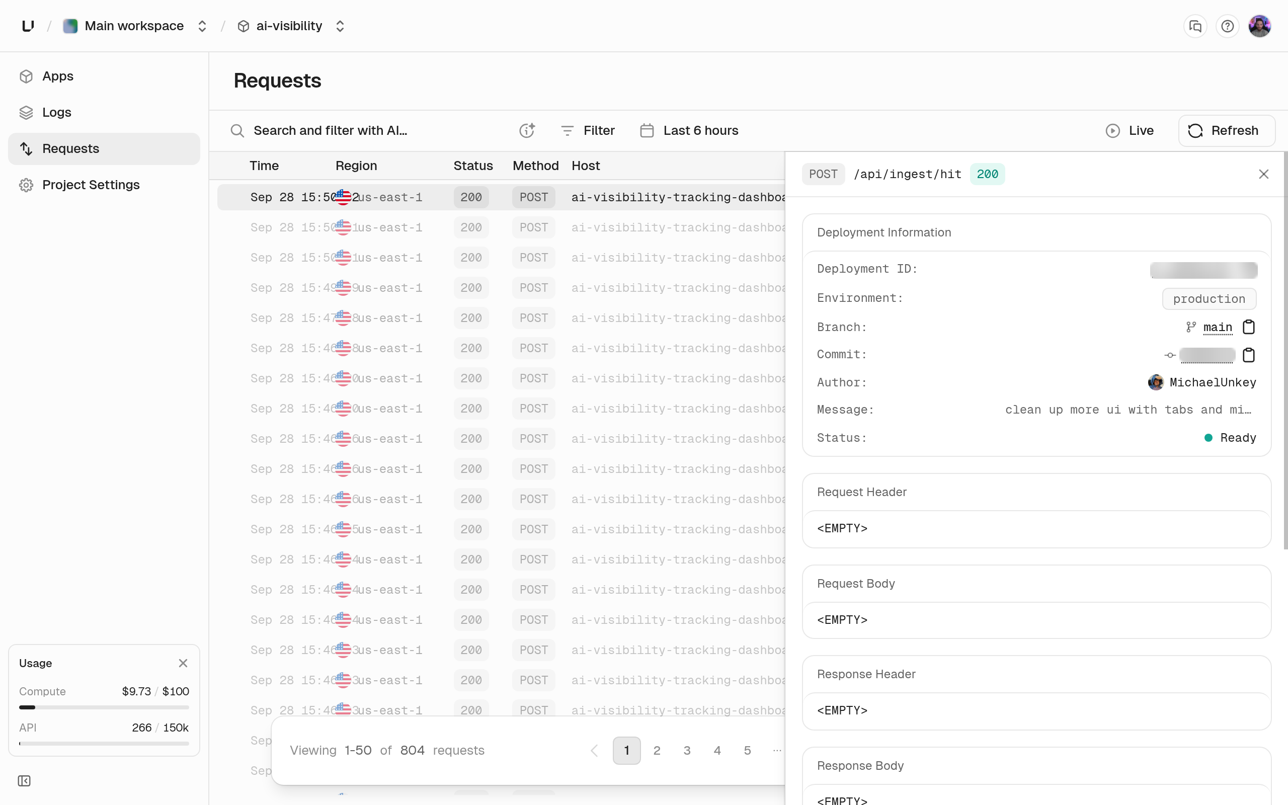 Requests page listing requests with time, region, status, method, and host, with one request open showing deployment information and request and response details