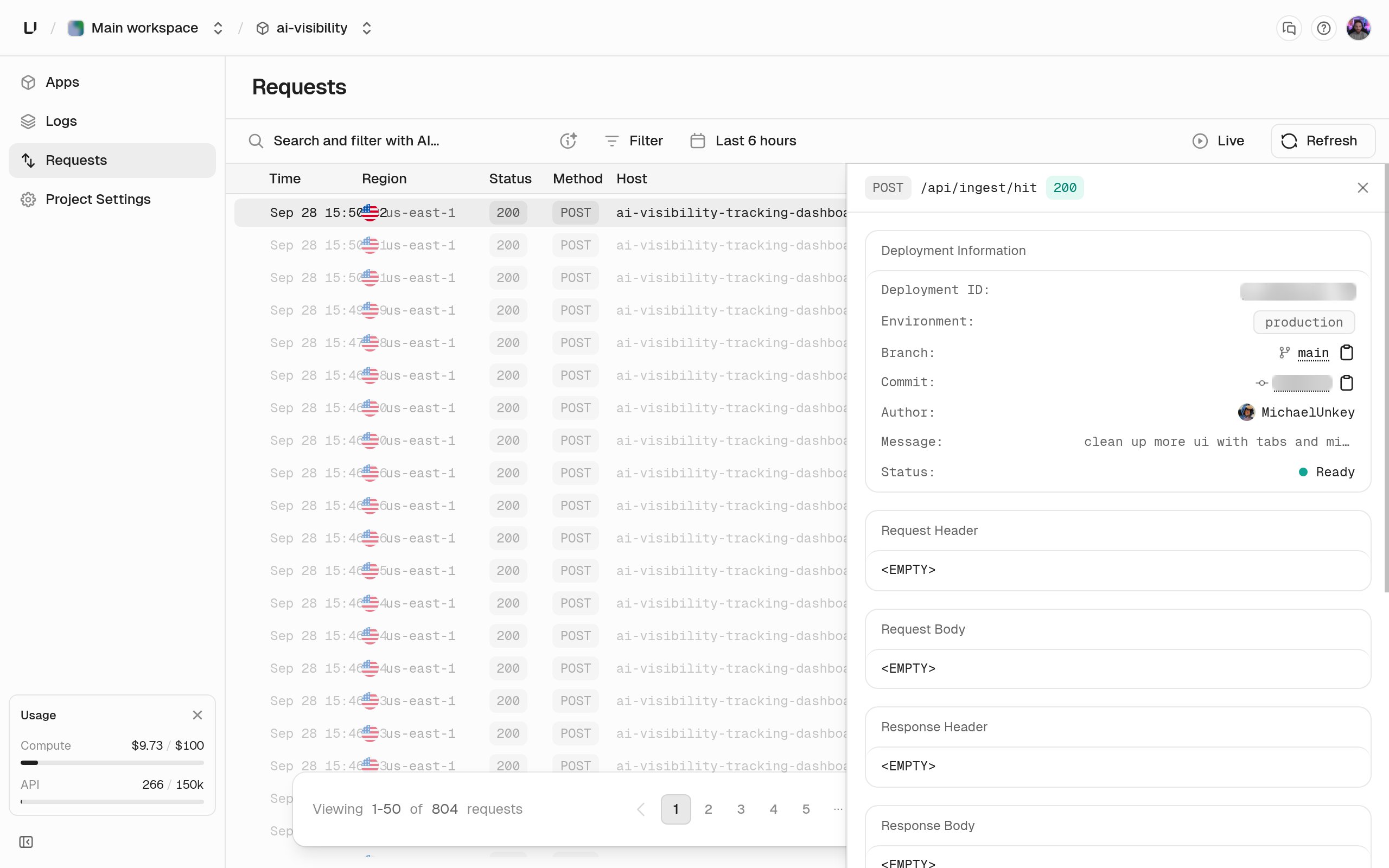 Requests page listing requests with time, region, status, method, and host, with one request open showing deployment information and request and response details