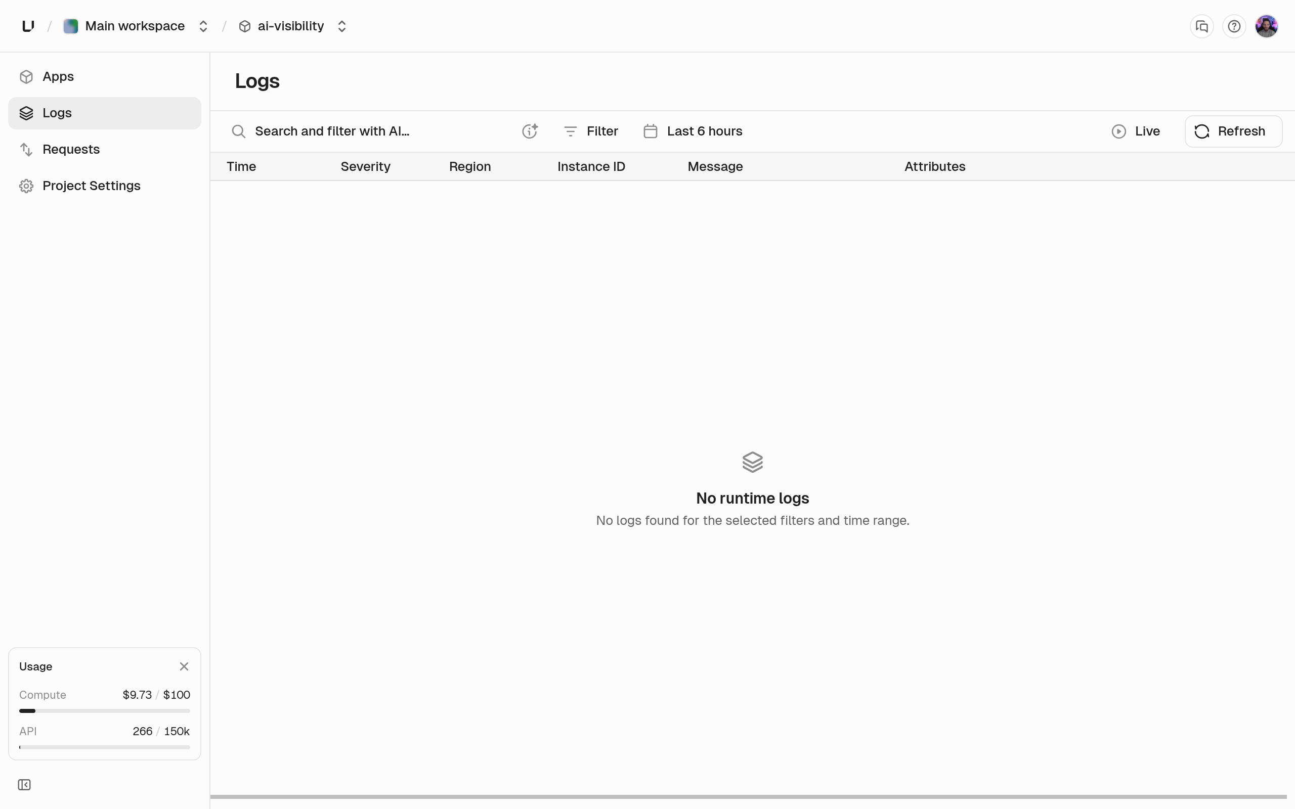Logs page filtered to one app, listing log lines with time, severity, region, instance, and message