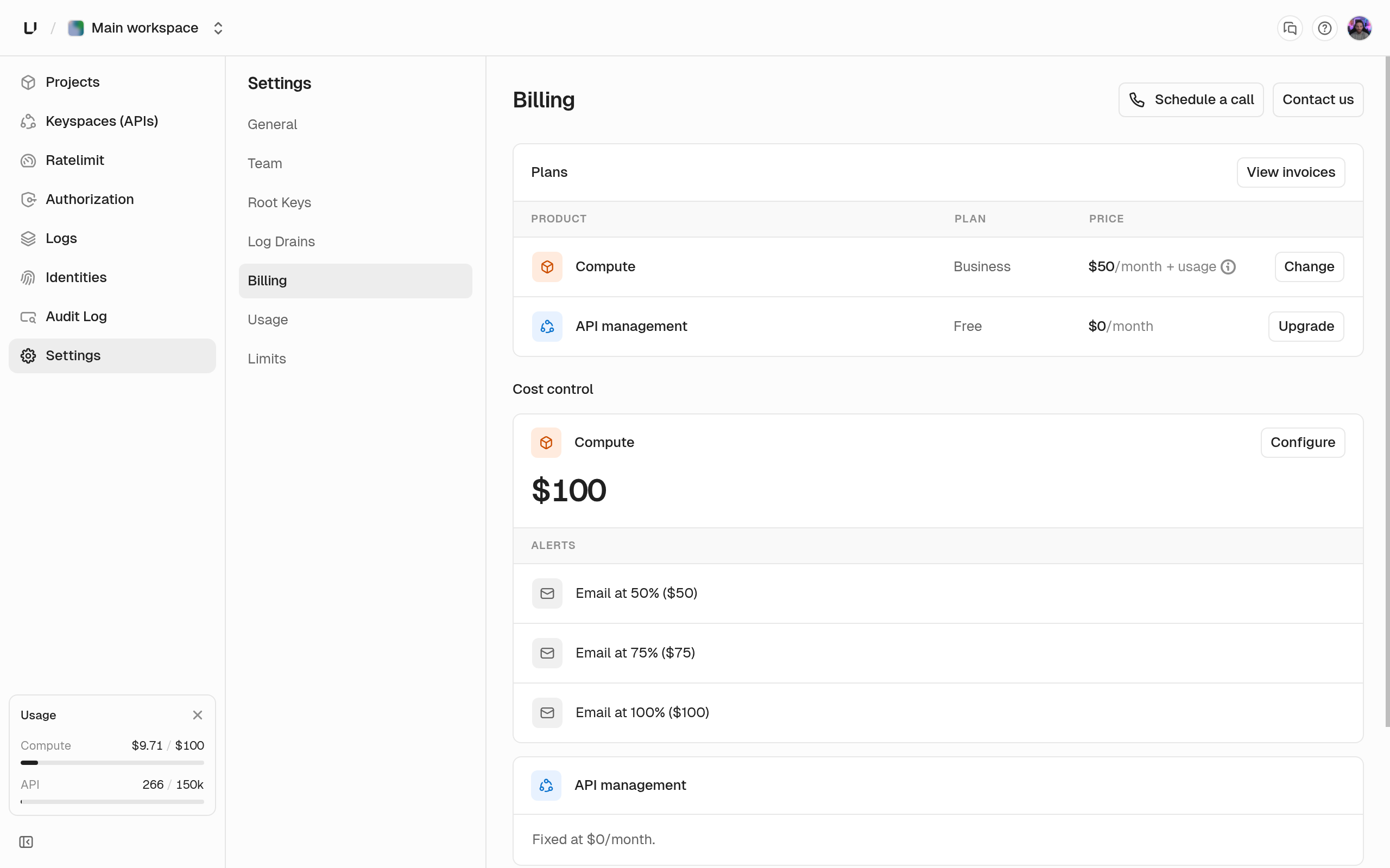 Billing settings page showing the Compute and API management plans with Change and Upgrade buttons, and the Compute cost control budget with its email alerts