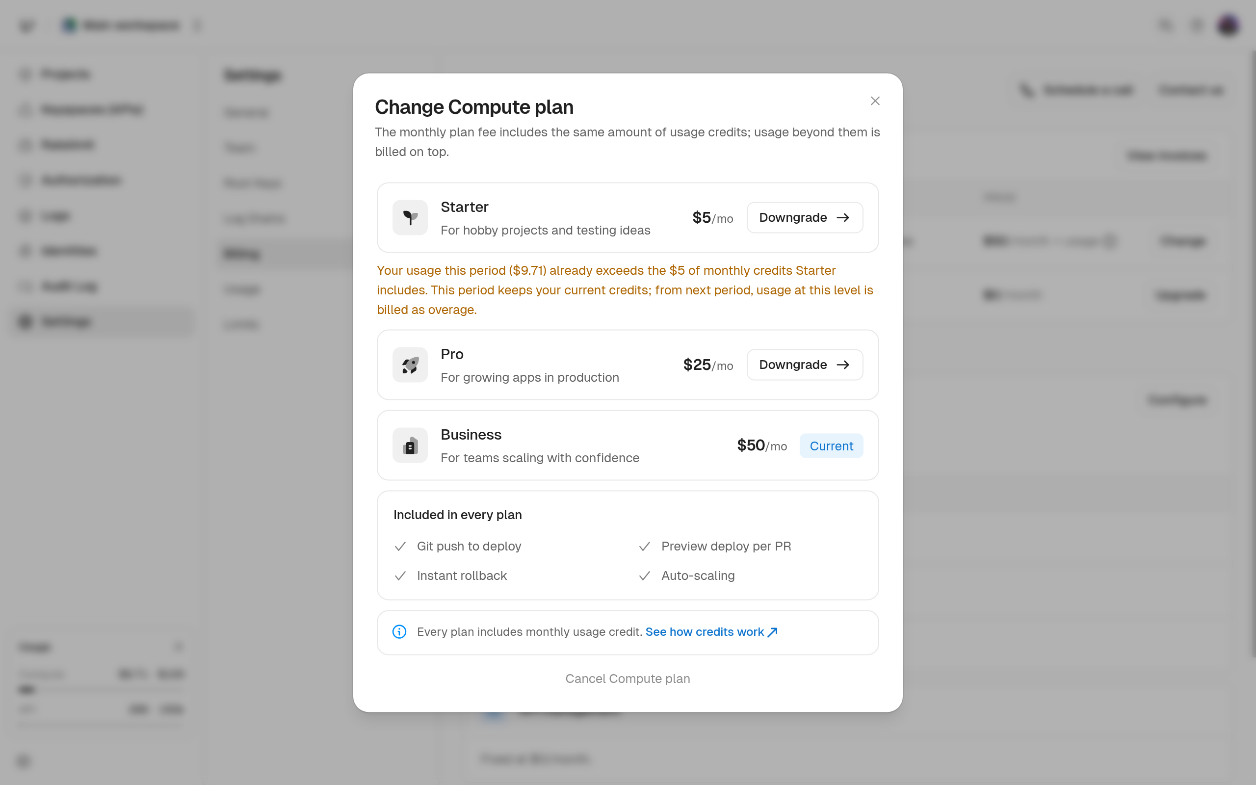 Change Compute plan dialog listing Starter, Pro, and Business with their monthly prices and what every plan includes