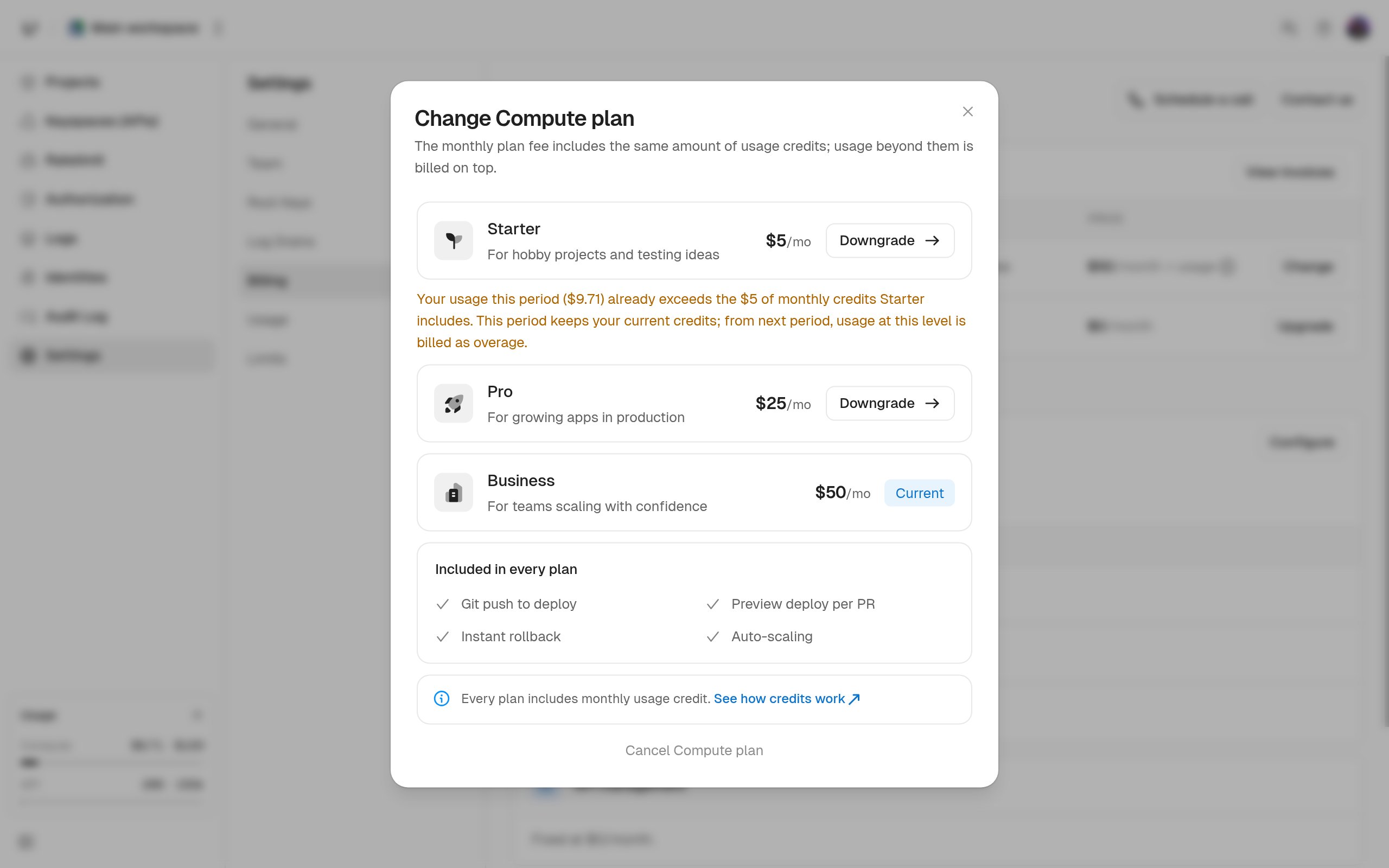 Change Compute plan dialog listing Starter, Pro, and Business with their monthly prices and what every plan includes