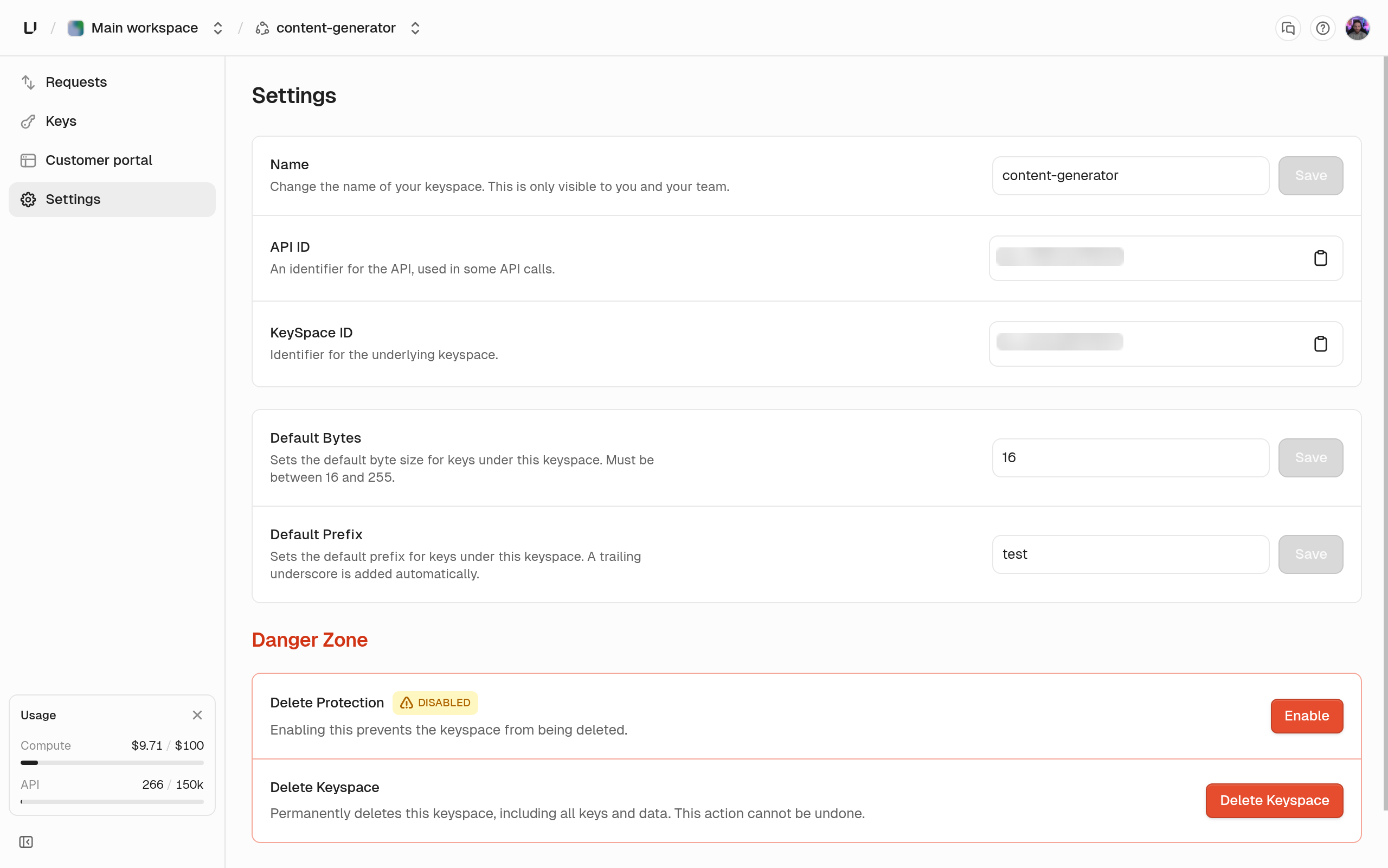 Keyspace settings page with the name, API ID, keyspace ID, key defaults, and a Danger Zone holding the Delete Protection card and the Delete Keyspace button