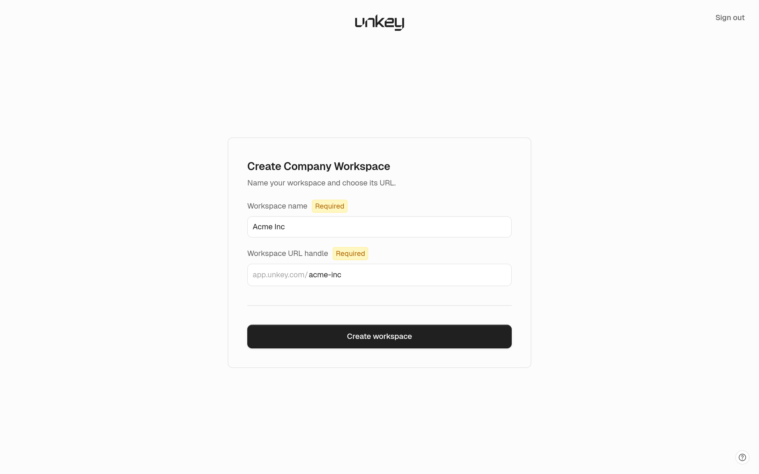 Create Company Workspace form with a workspace name entered and the URL handle filled in from it