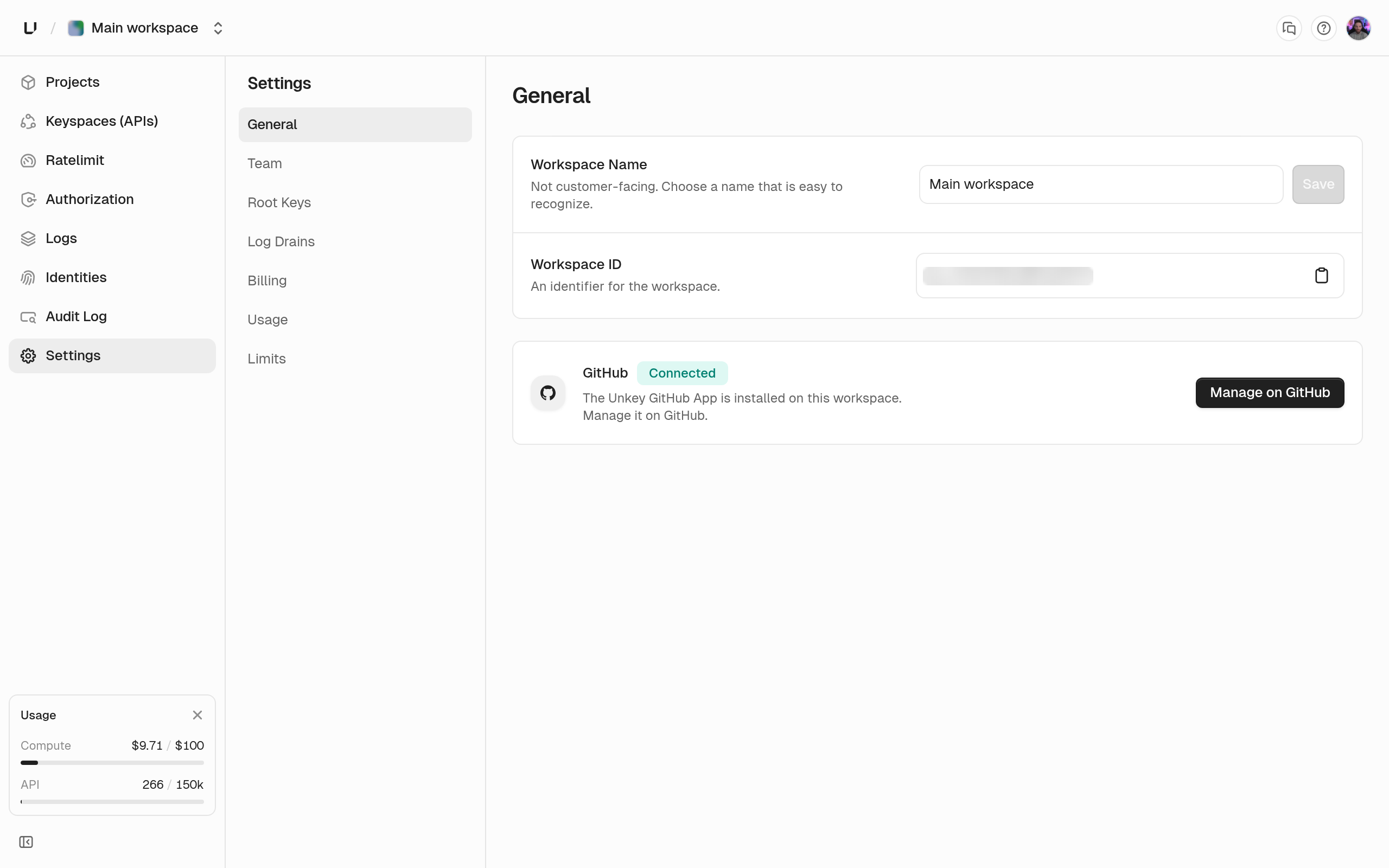 General settings page showing the workspace name, the workspace ID with a copy button, and the GitHub App card marked Connected