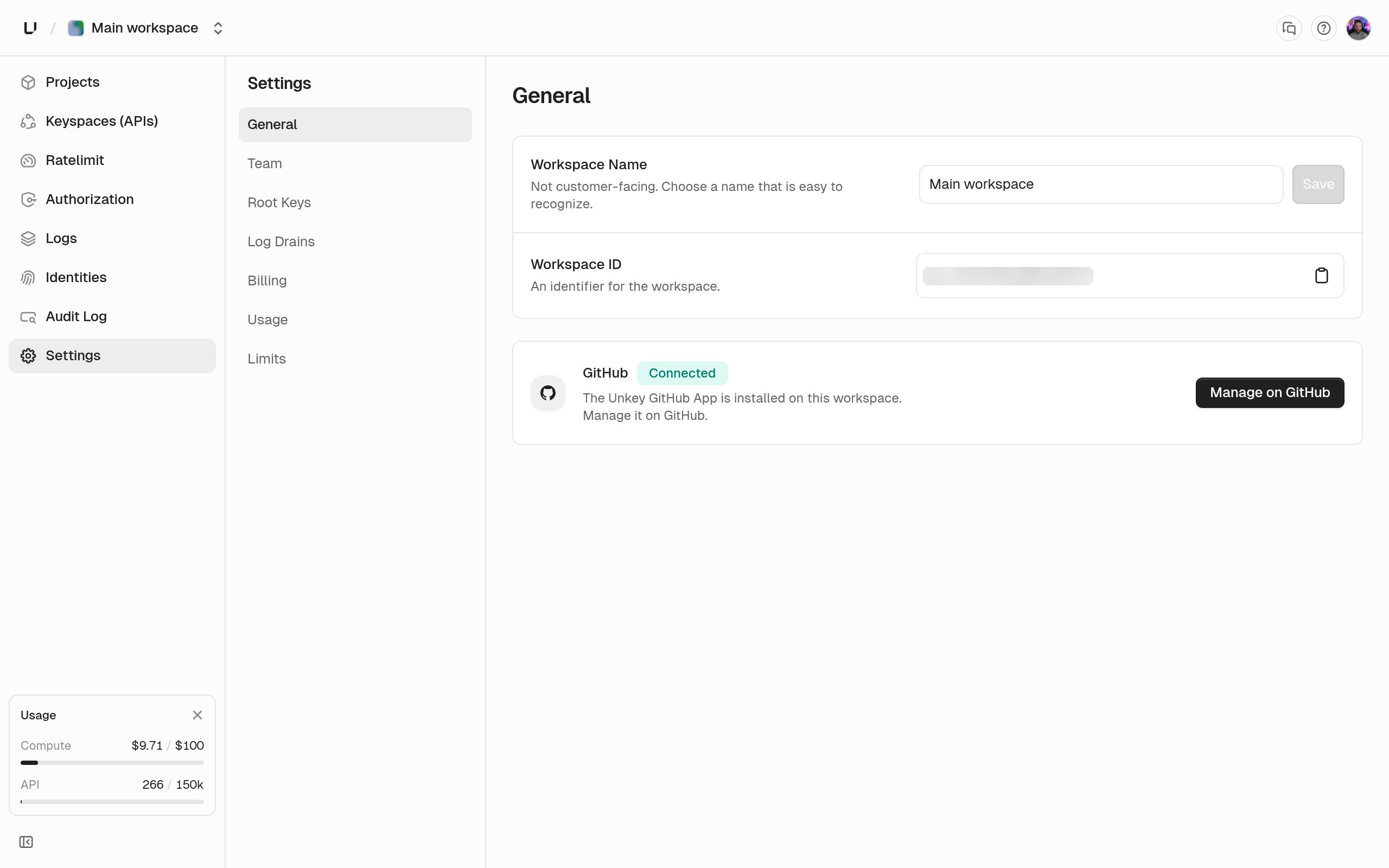 General settings page showing the workspace name, the workspace ID with a copy button, and the GitHub App card marked Connected