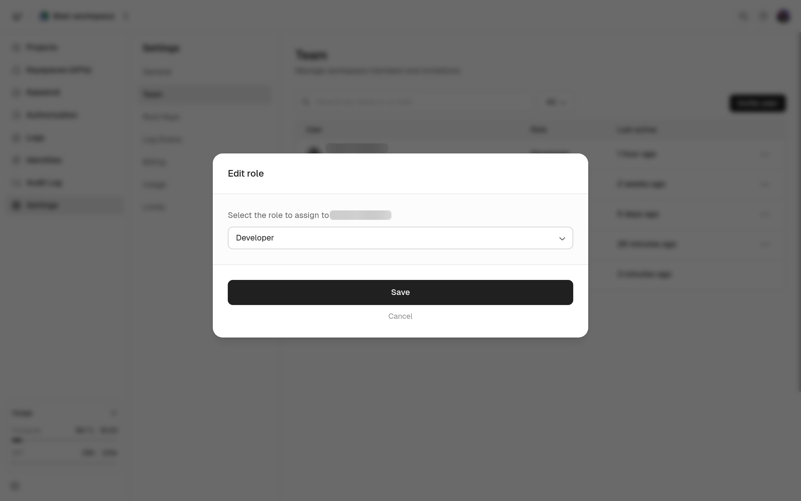 Edit role dialog for a member with the role dropdown open