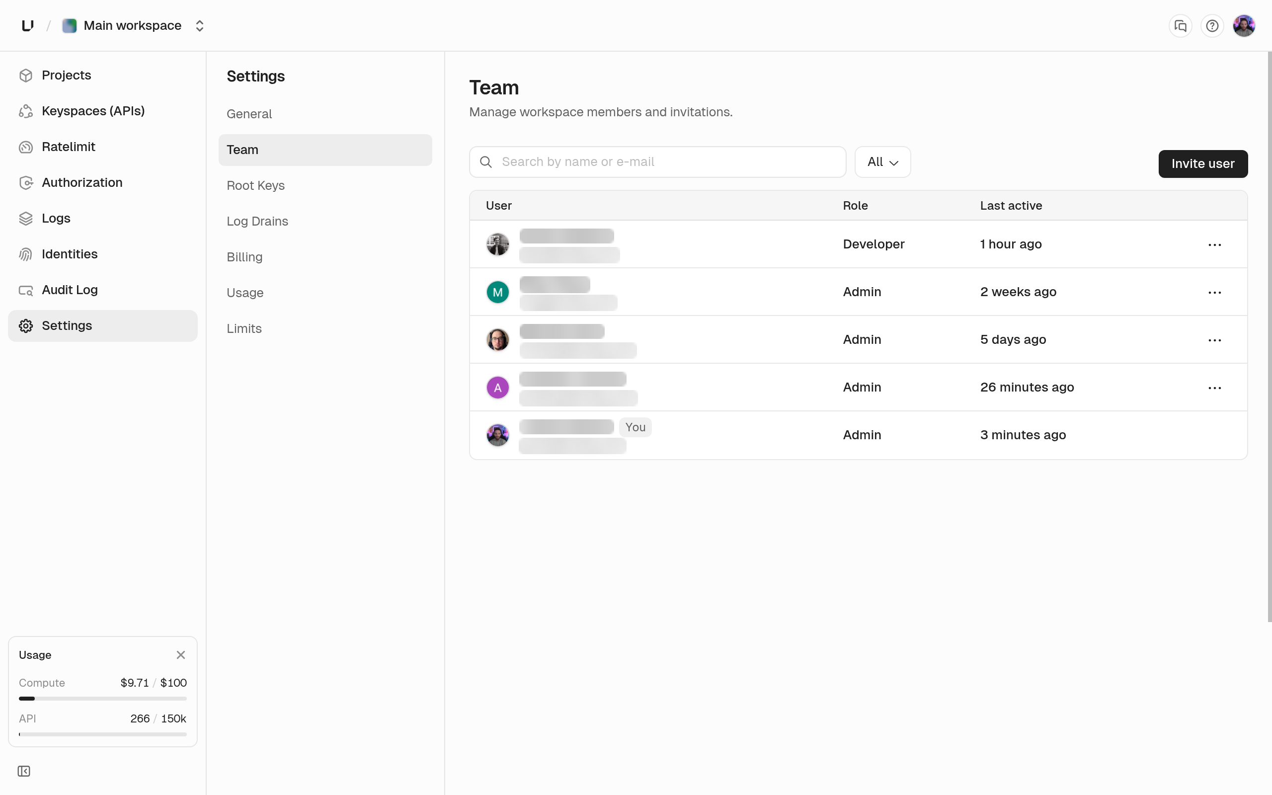 Team settings page listing workspace members with their roles and last active times, and an Invite user button