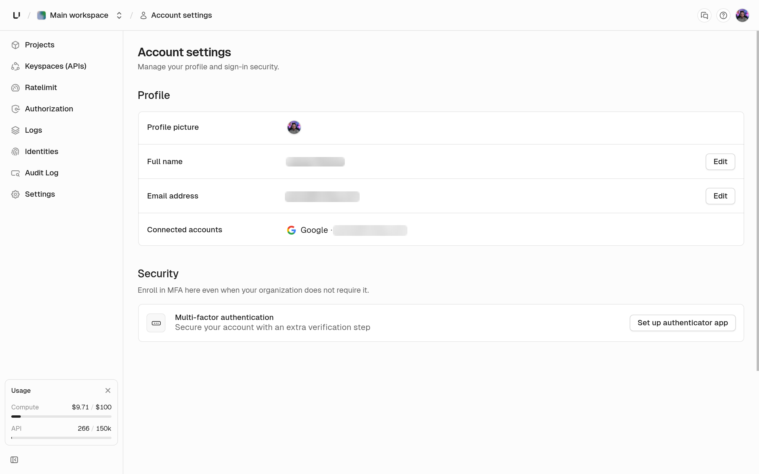 Account settings page with the Profile section and, under Security, the Multi-factor authentication row with a Set up authenticator app button
