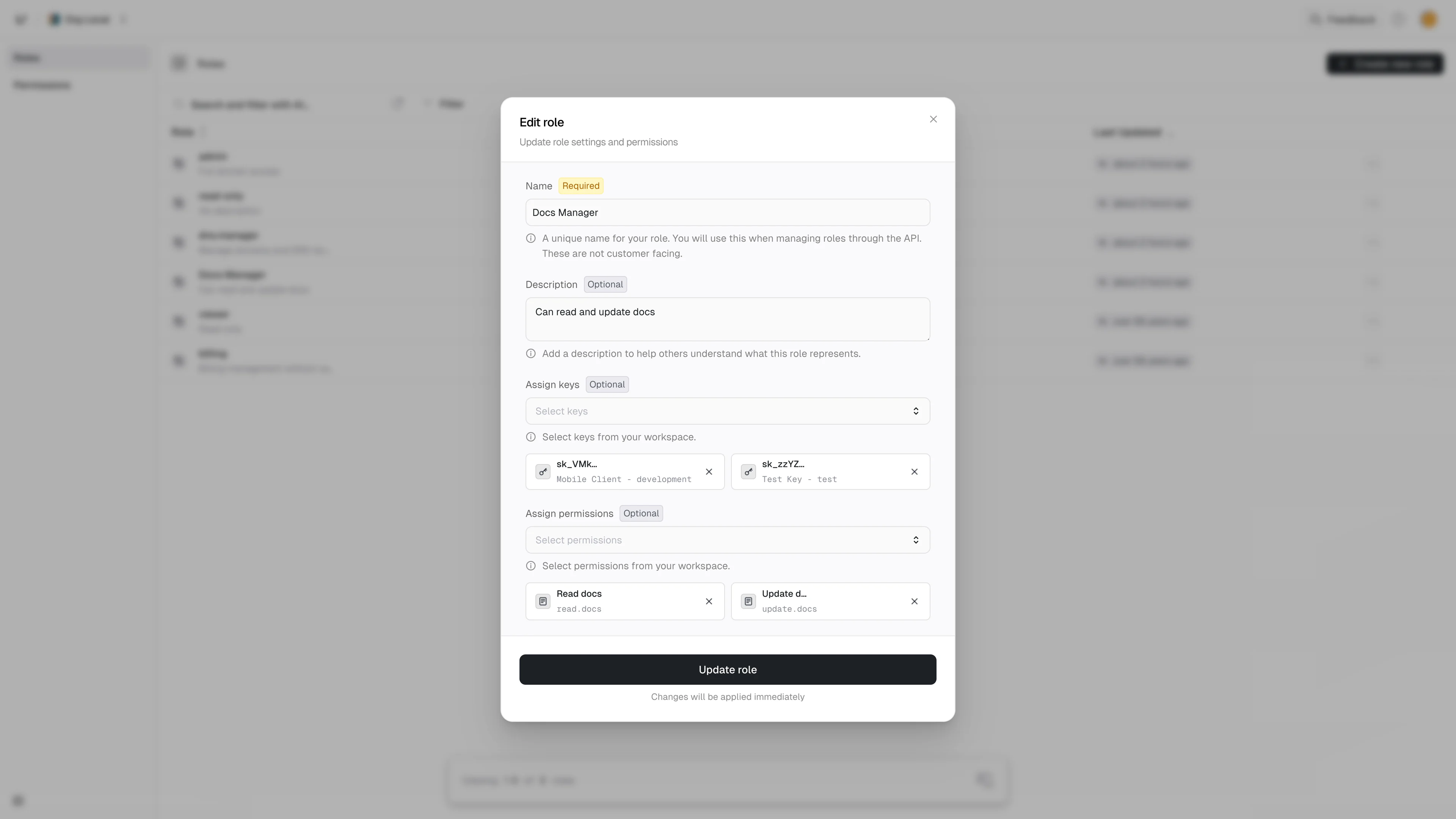 Role Update Dialog