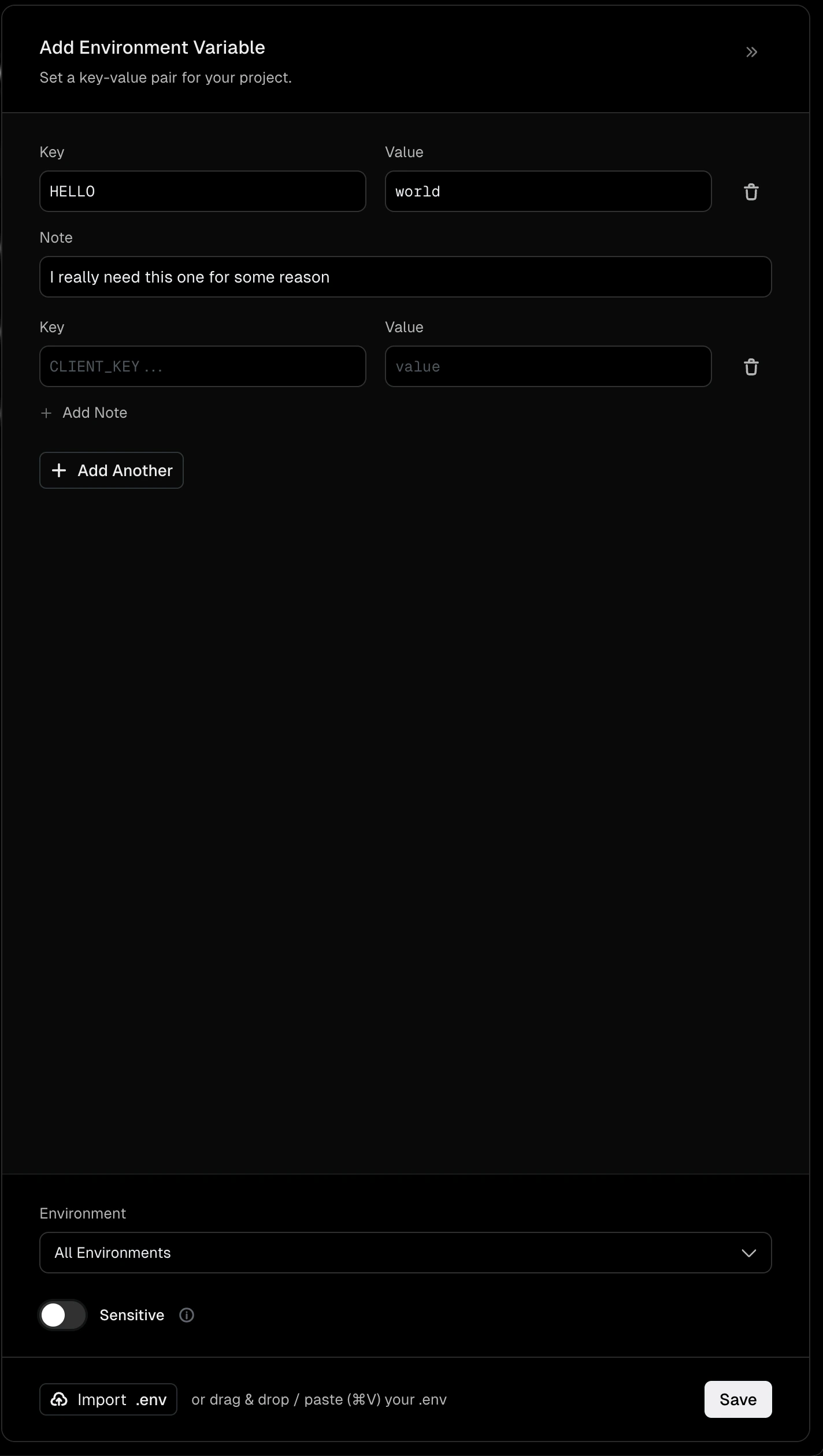 Add environment variable panel