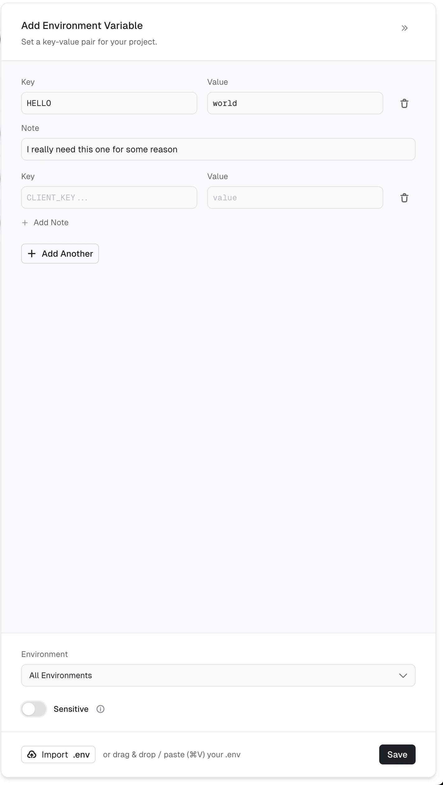 Add environment variable panel