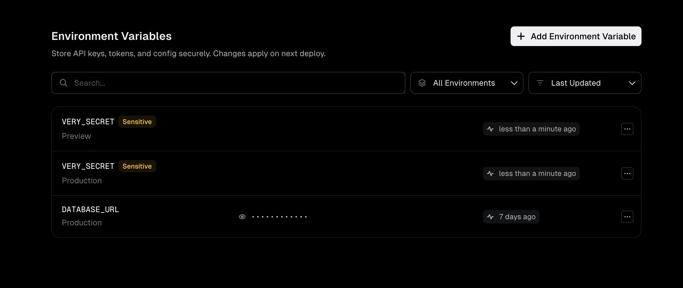 Environment variables list