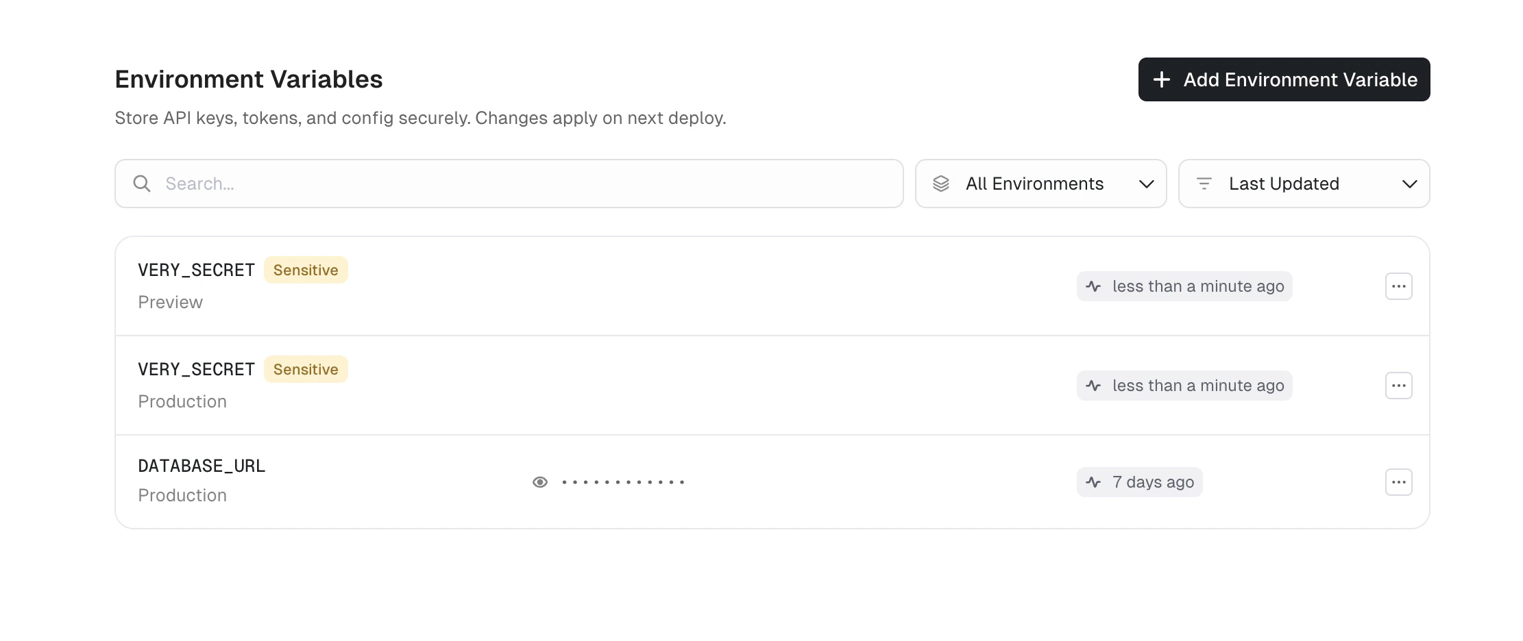Environment variables list