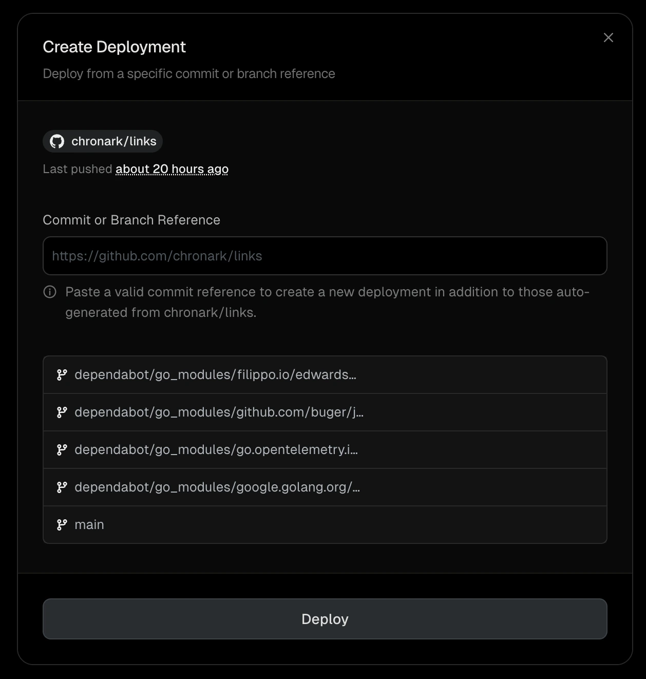 Create deployment dialog