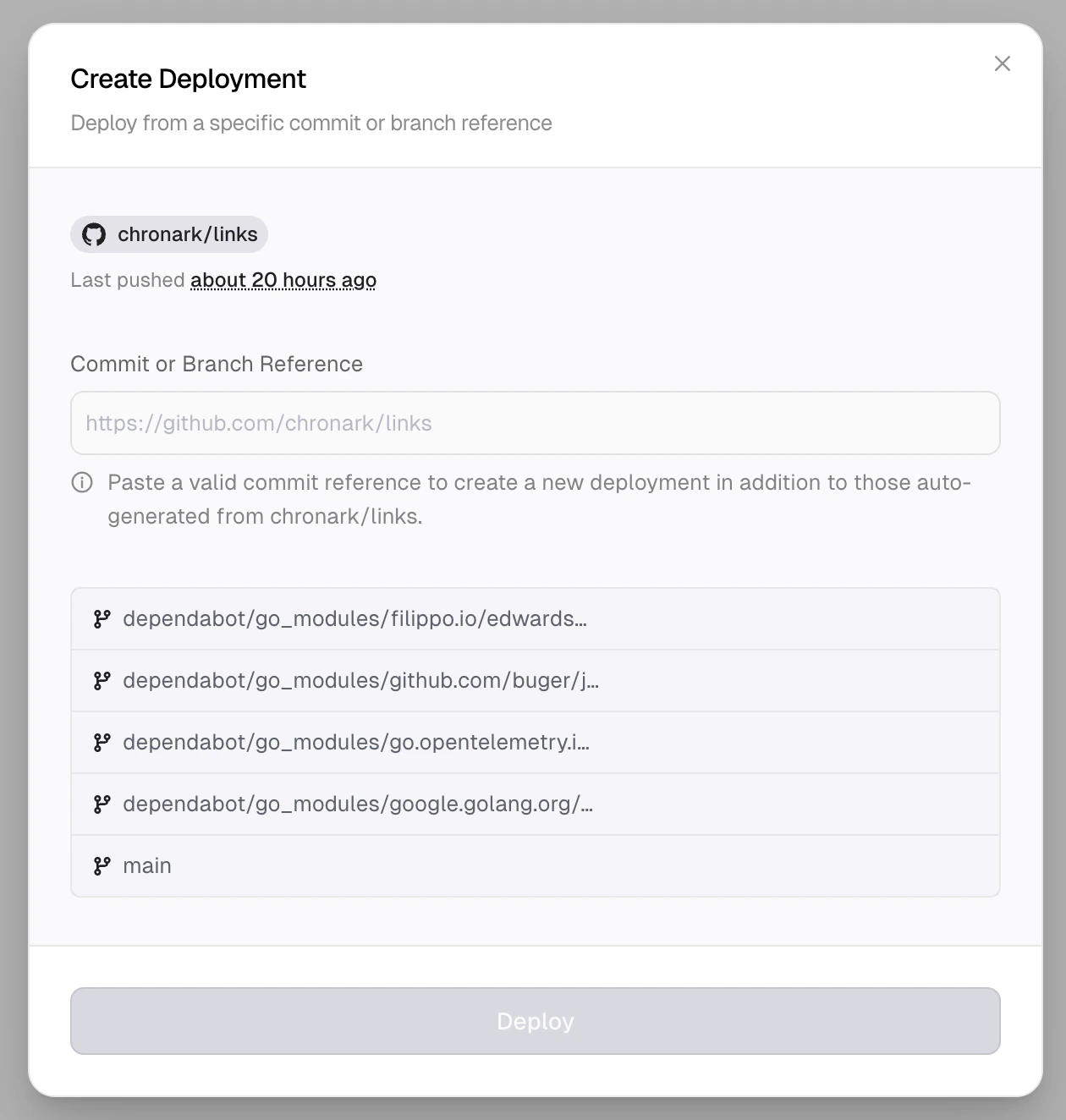 Create deployment dialog