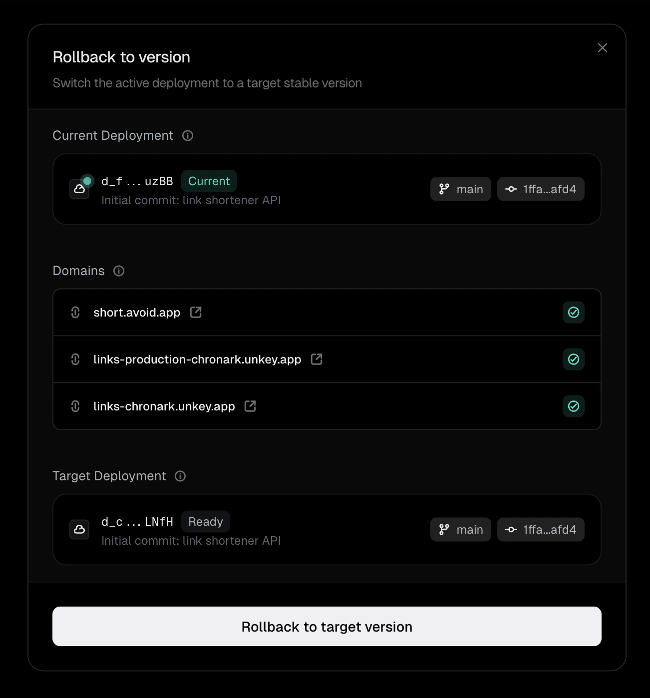 Rollback confirmation dialog