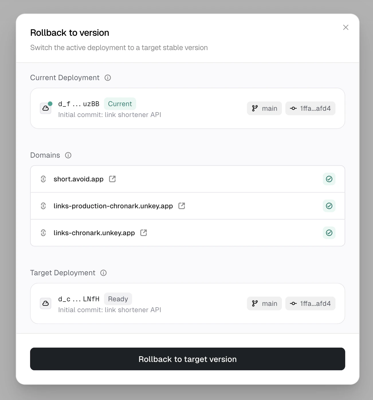 Rollback confirmation dialog