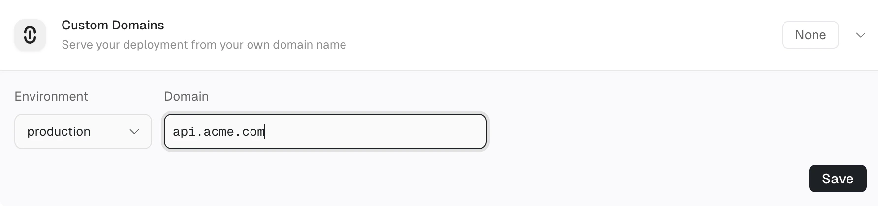Custom domains settings showing environment and domain input