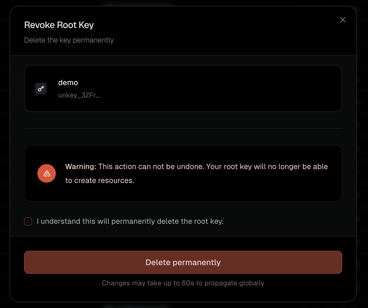 Delete root key confirmation