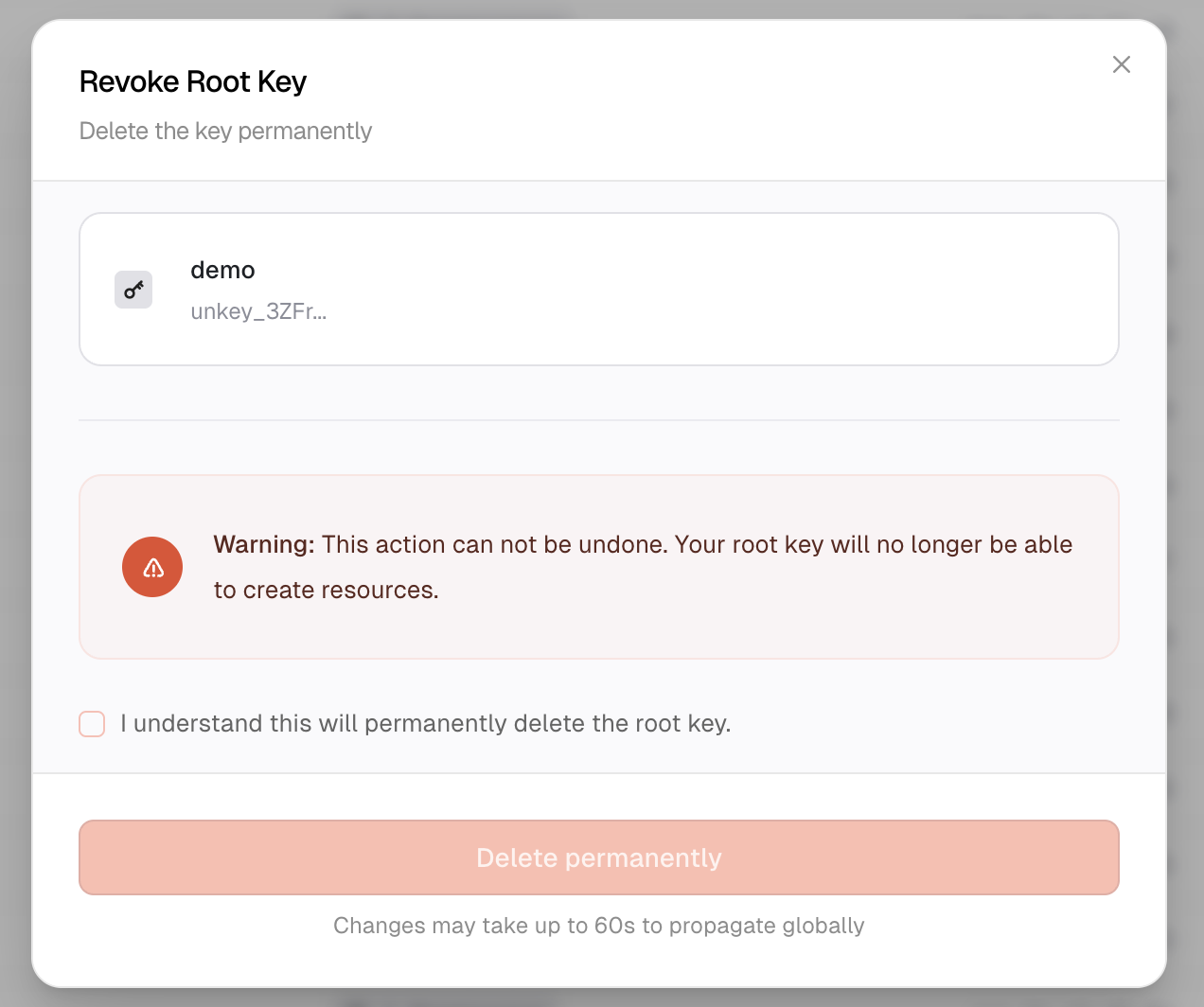Delete root key confirmation