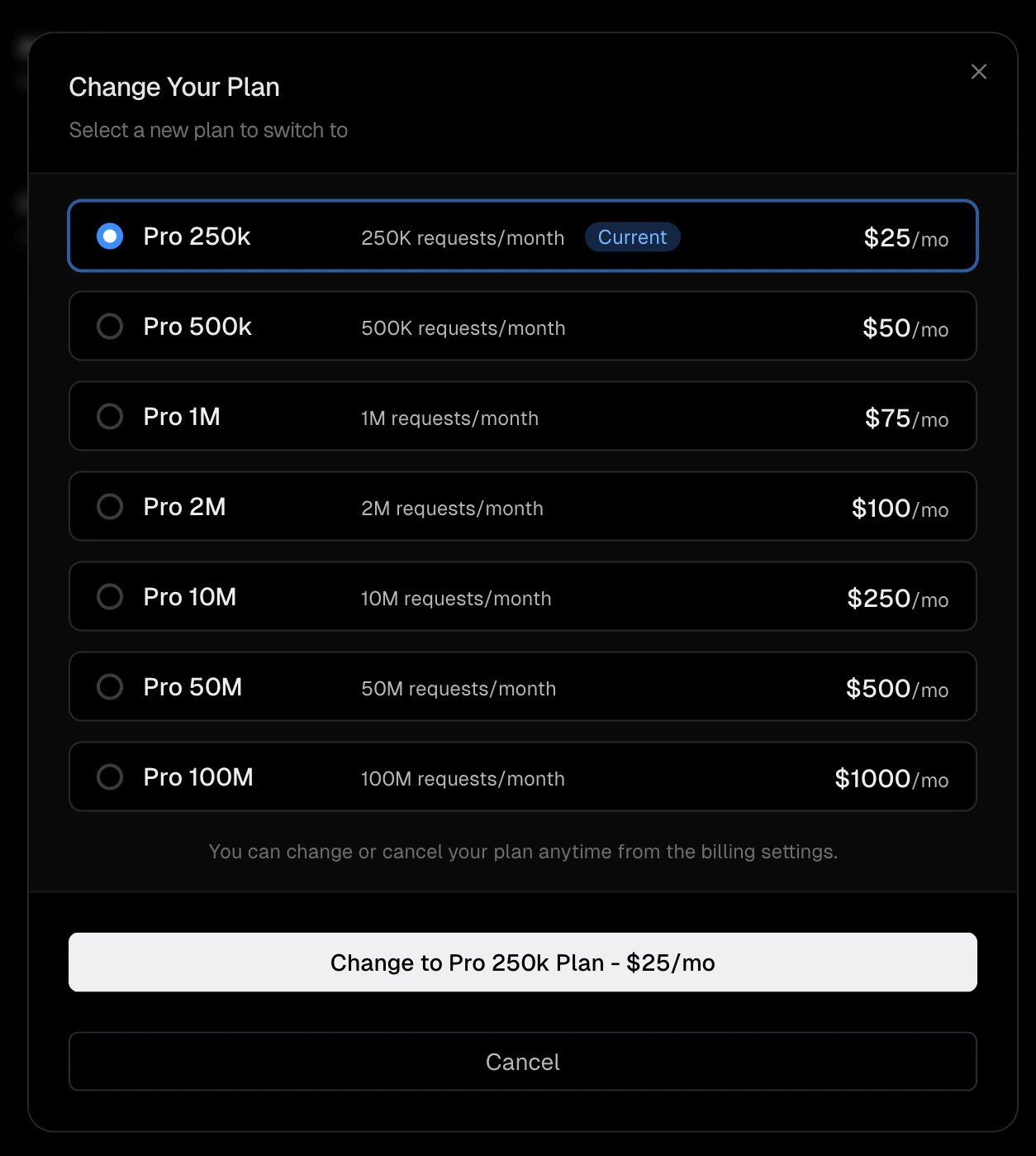 Plan selection modal