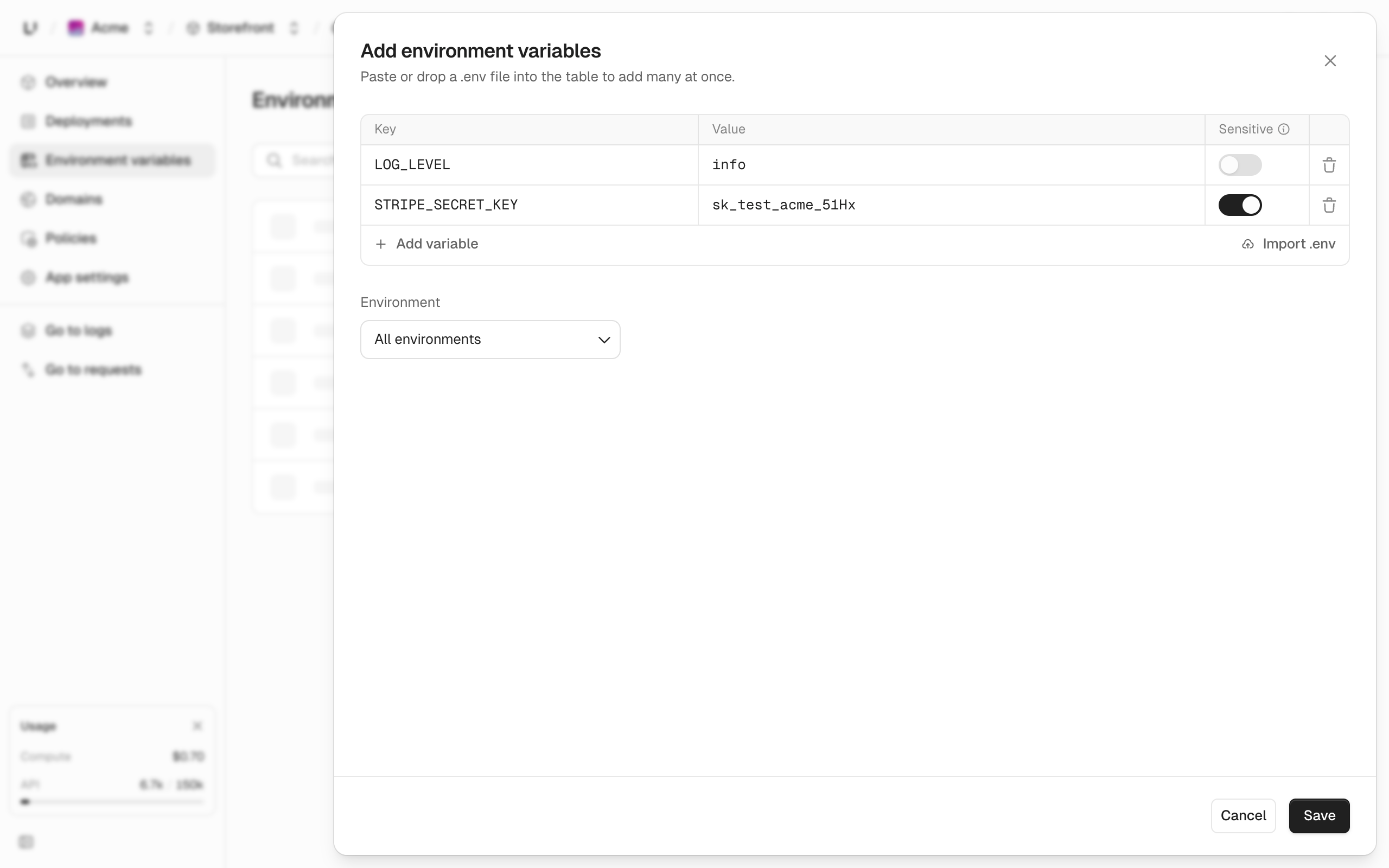 Add environment variables panel with a LOG_LEVEL row and a sensitive STRIPE_SECRET_KEY row, the Add variable and Import .env actions, the Environment select set to All environments, and Cancel and Save buttons