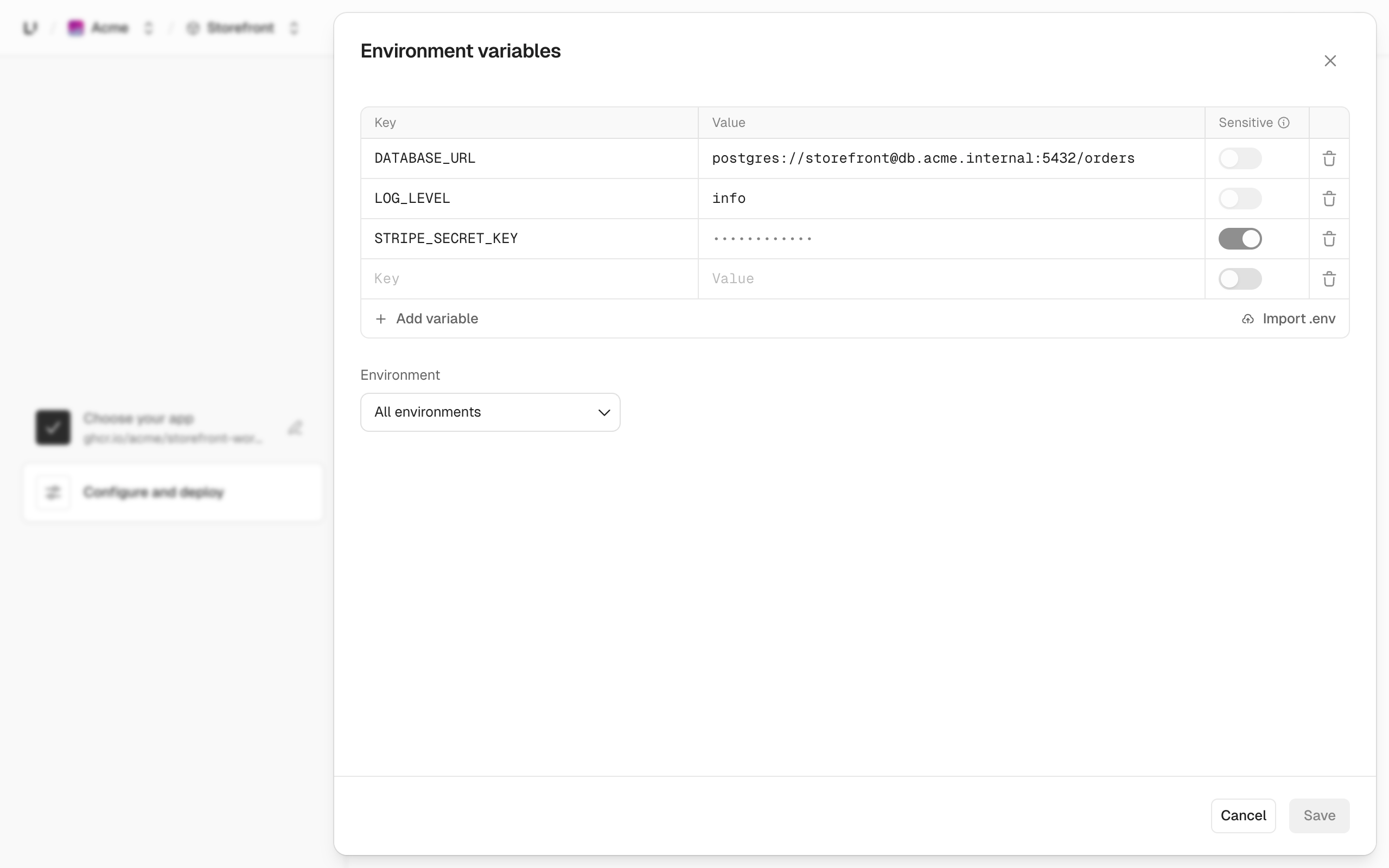 Environment variables panel in the new-app flow with saved DATABASE_URL and LOG_LEVEL values, a masked sensitive STRIPE_SECRET_KEY, an empty row for a new variable, and the Environment select set to All environments