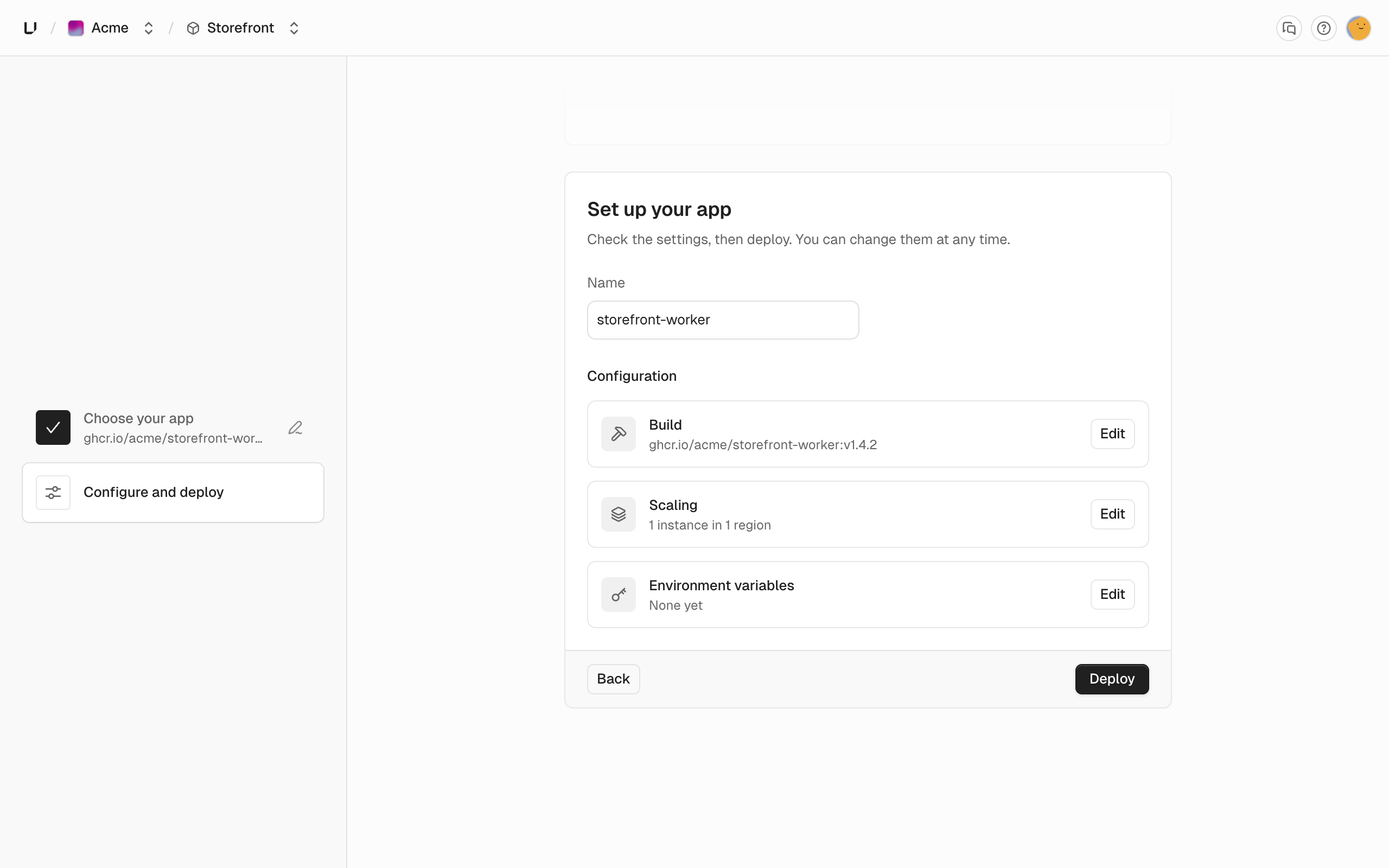 Set up your app card with the app name, and Build, Scaling, and Environment variables blocks, each with an Edit button, above Back and Deploy