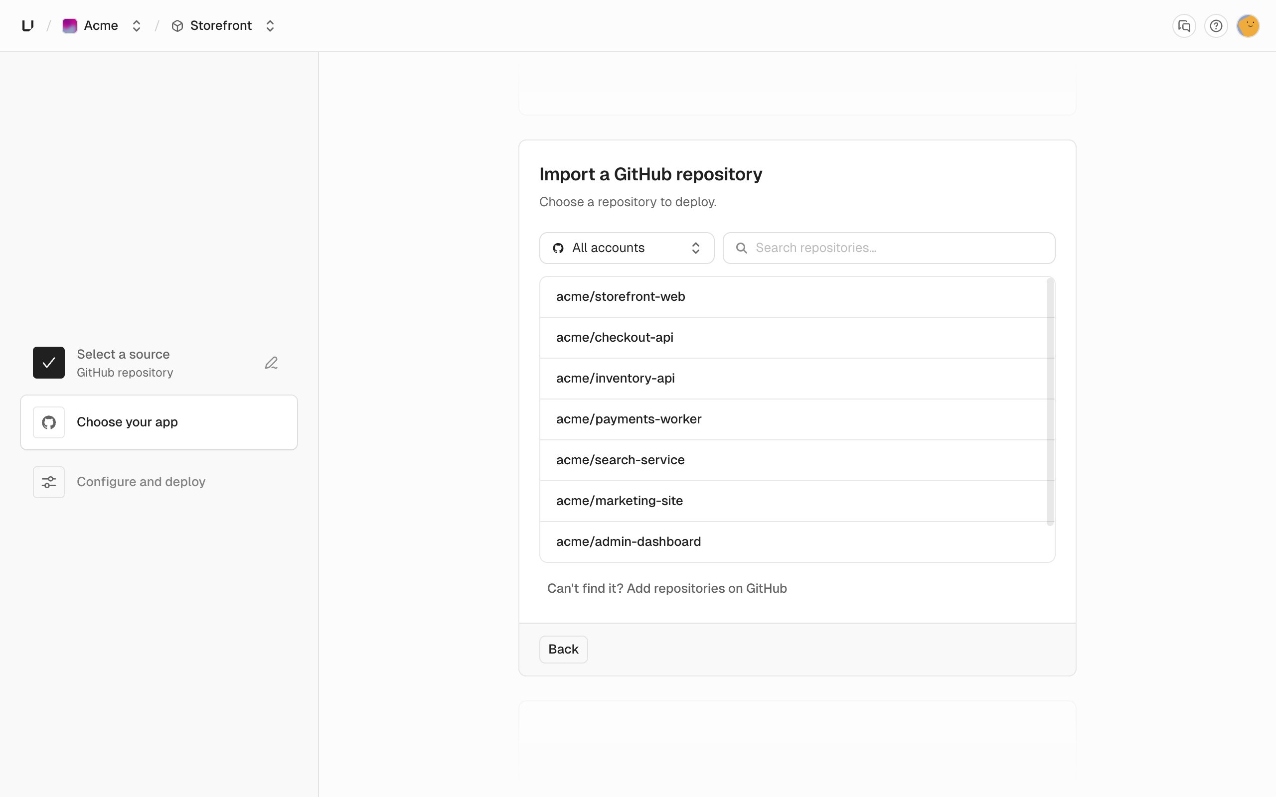 Import a GitHub repository card with an account filter, a search field, and a list of repositories