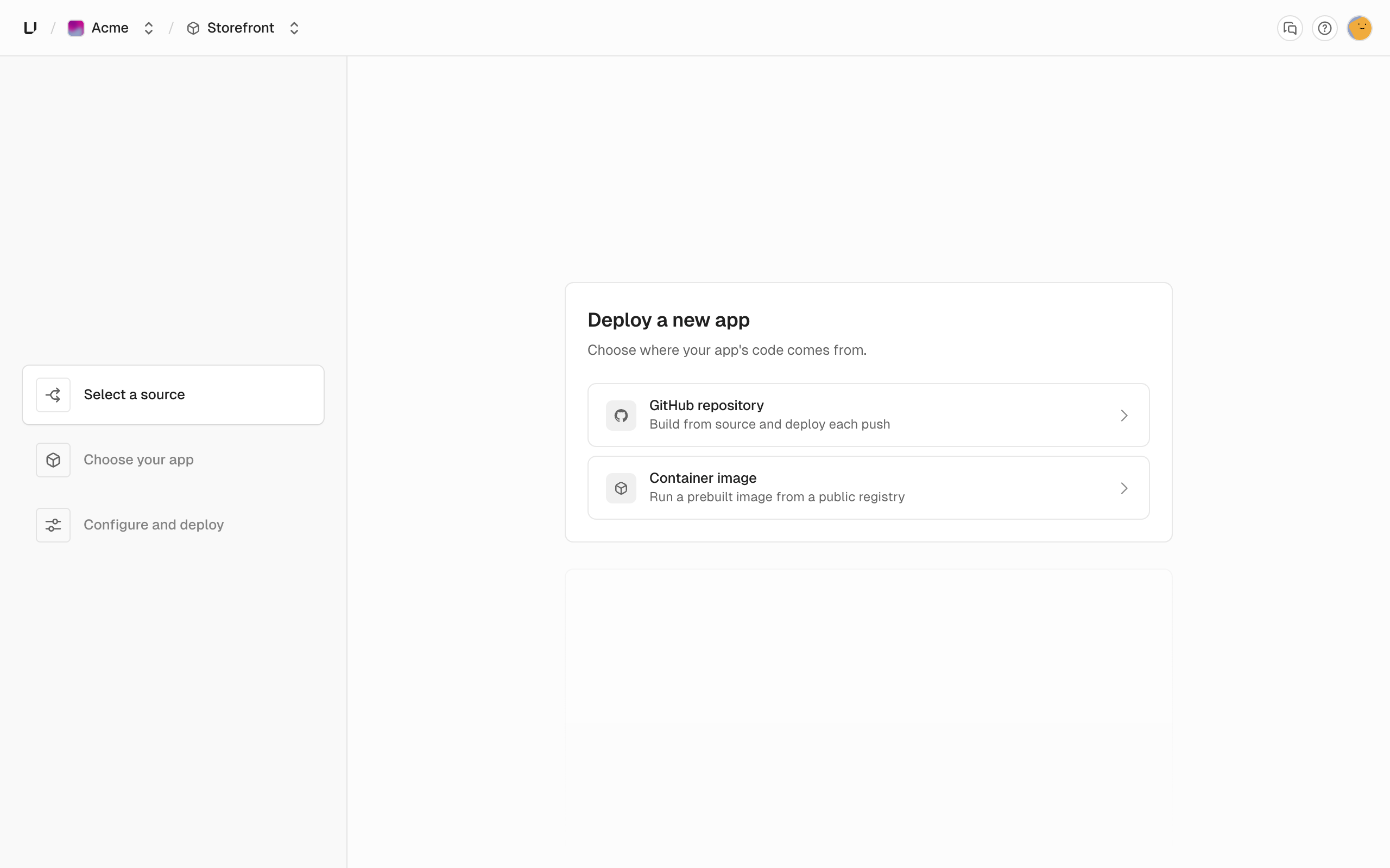 Deploy a new app card offering GitHub repository or Container image, next to the steps Select a source, Choose your app, and Configure and deploy