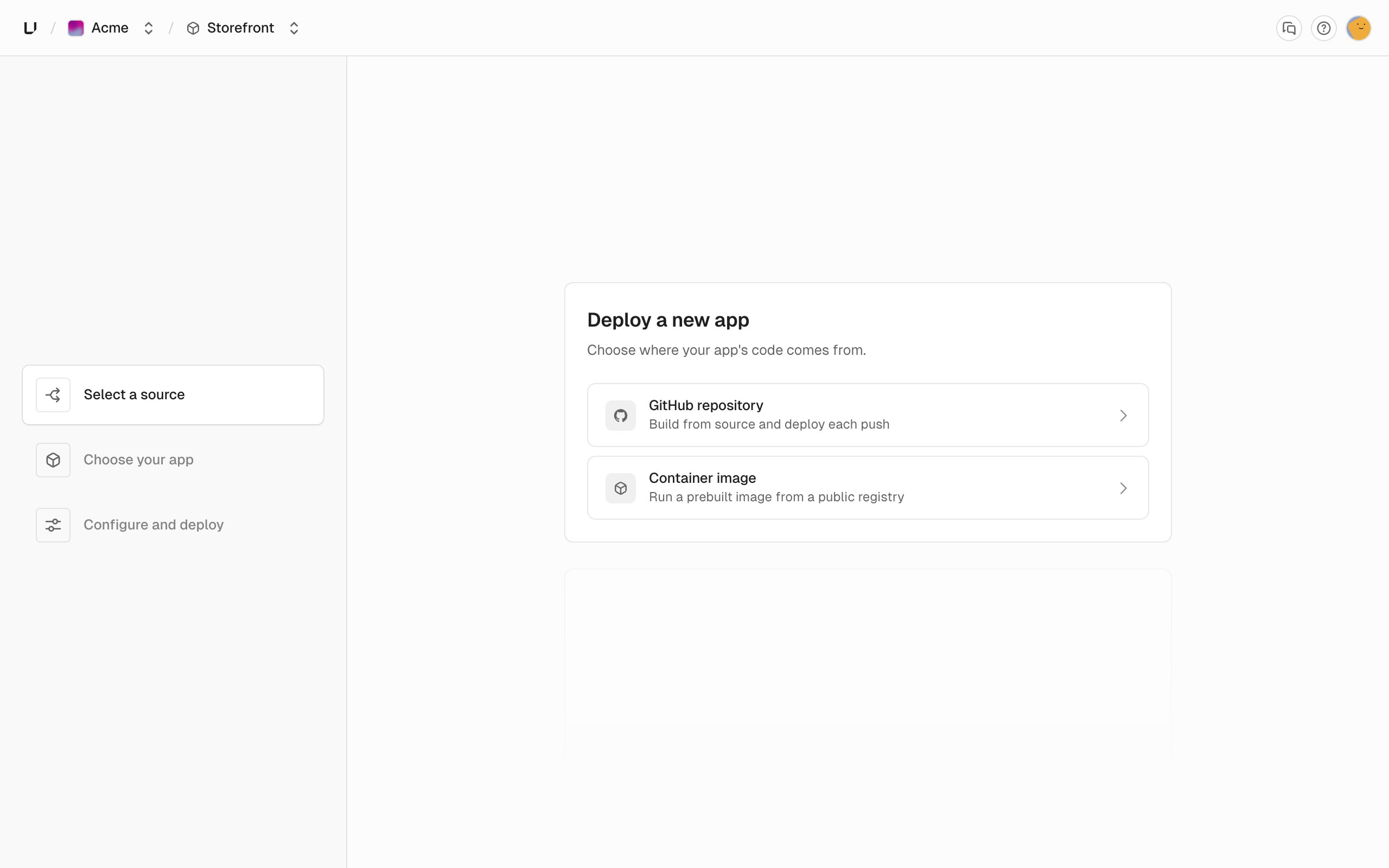 Deploy a new app card offering GitHub repository or Container image, next to the steps Select a source, Choose your app, and Configure and deploy