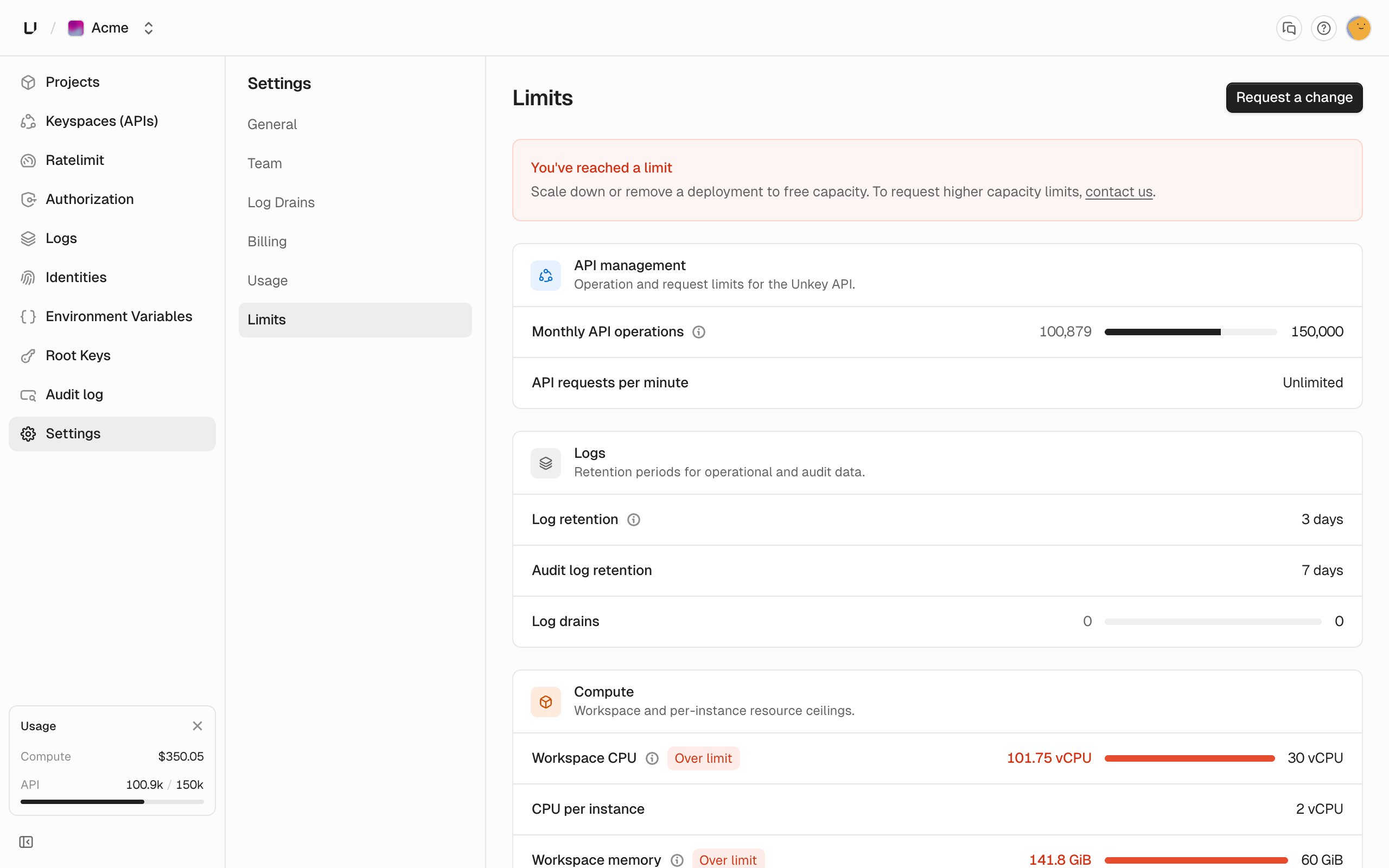 Limits settings page with the You've reached a limit banner, and API management, logs, and Compute limits with current usage bars