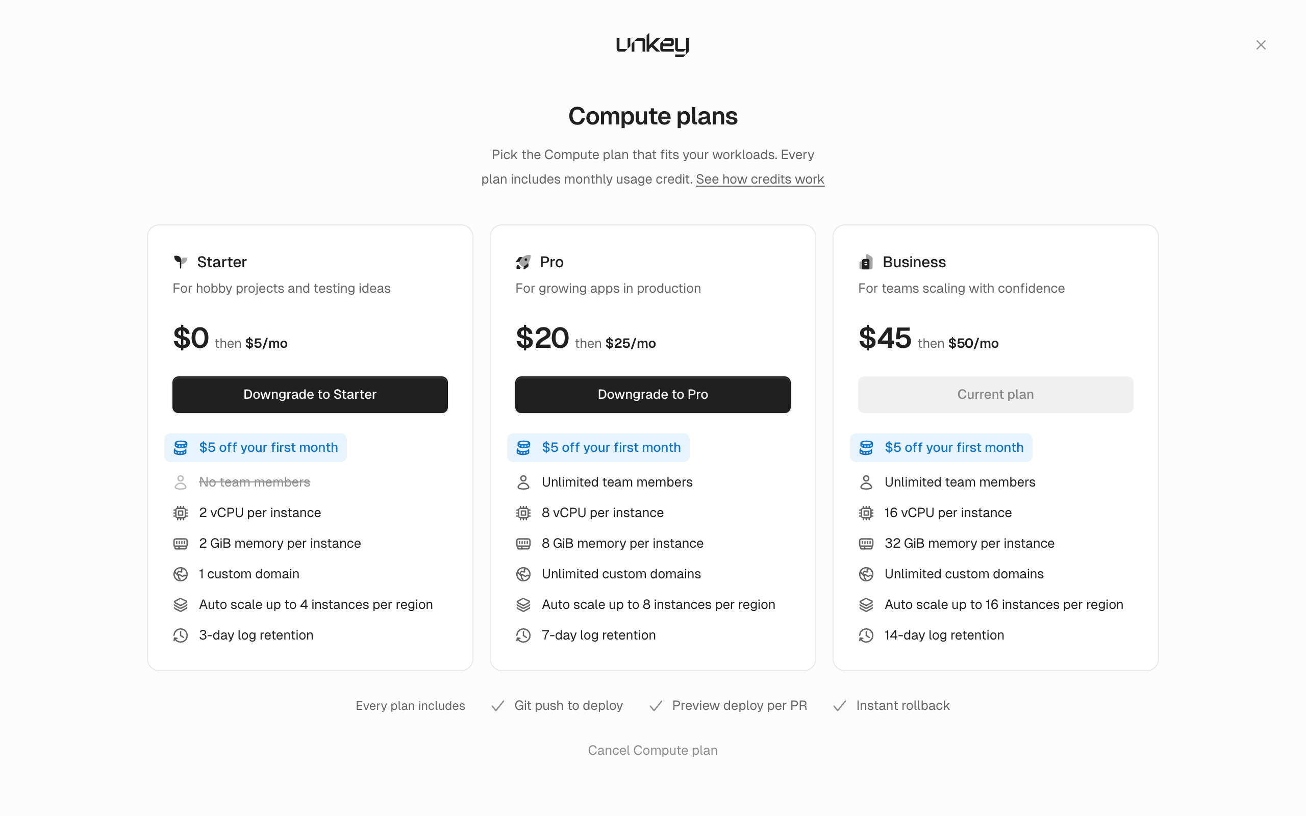 Compute plans screen listing Starter, Pro, and Business with their monthly prices and what every plan includes