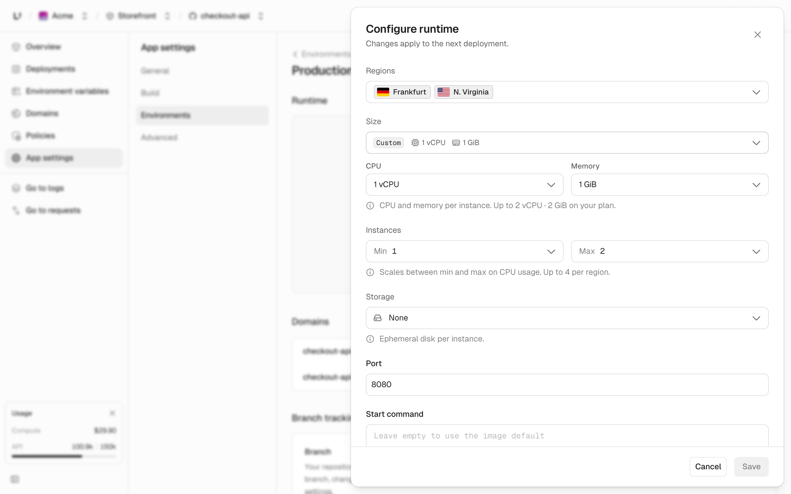 App Settings Regions control with the region dropdown open for one environment