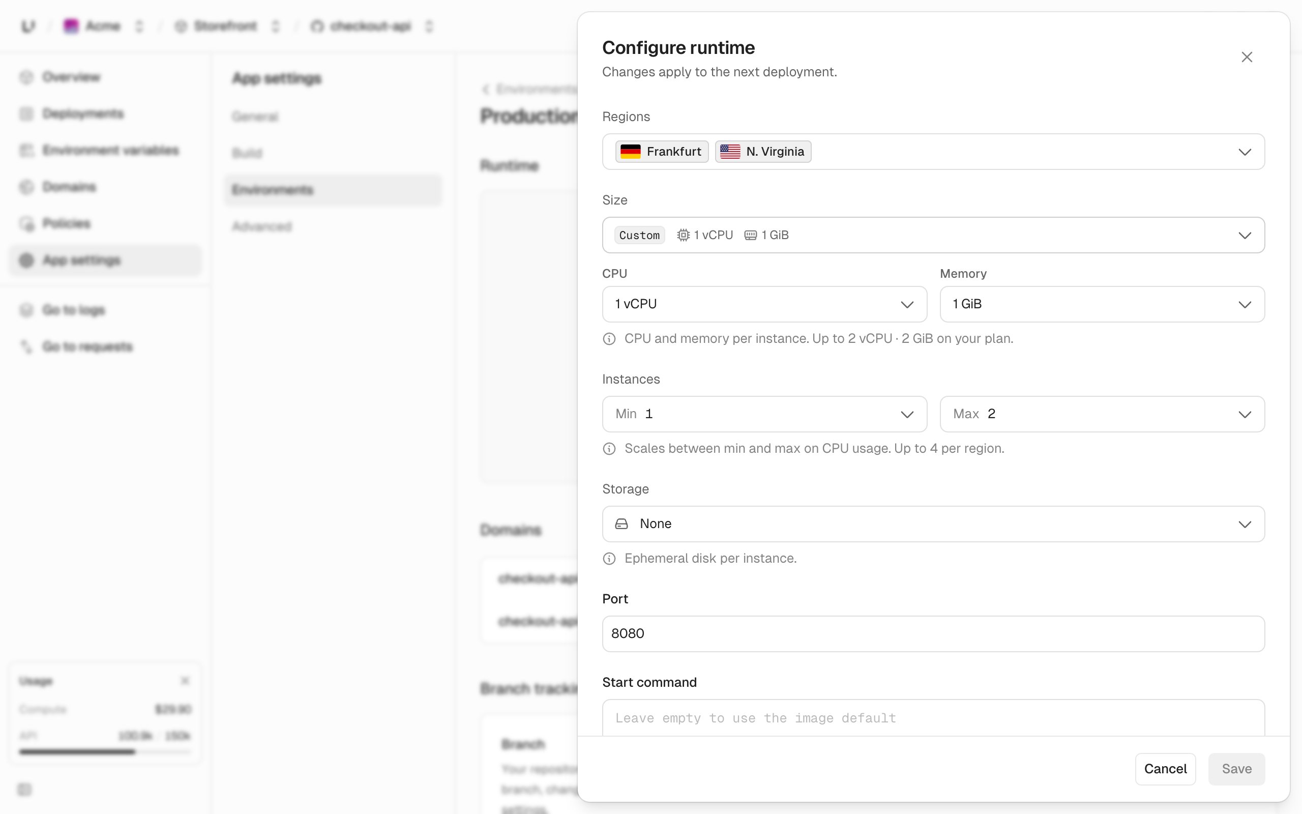 App Settings Regions control with the region dropdown open for one environment